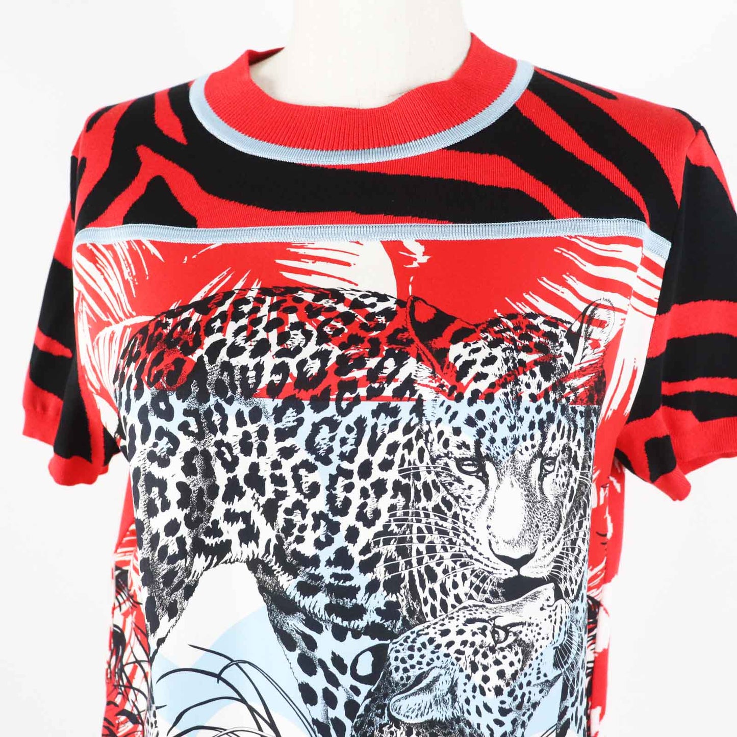 HERMES Short sleeve knit 3E2868D3 Main: 100% silk, Main: 86% rayon, Main: 10% silk, Main: 3% nylon, Main: 1% polyurethane Red x multi JUNGLE LOVE Women 36