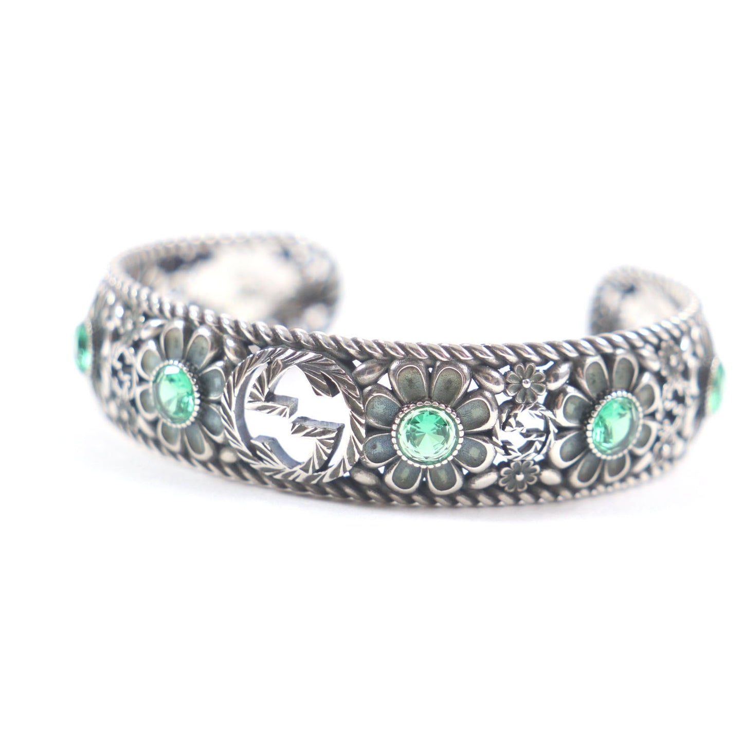 GUCCI bracelet AG925 Silver Green Crystal Floral Interlocking G 16
