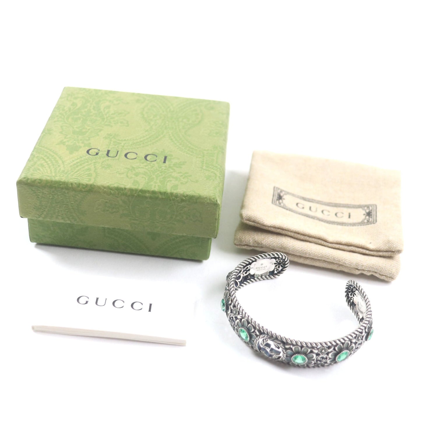 GUCCI bracelet AG925 Silver Green Crystal Floral Interlocking G 16