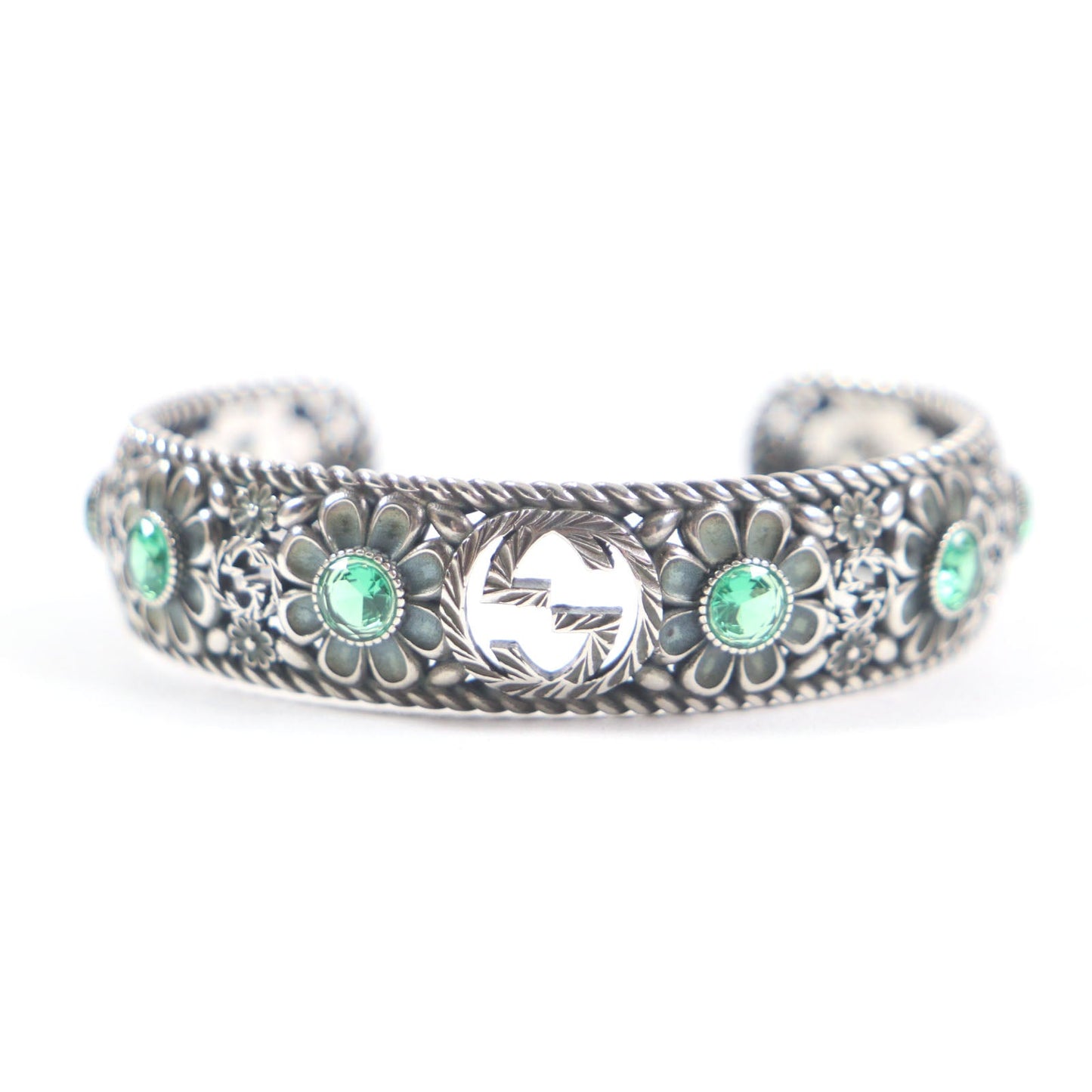 GUCCI bracelet AG925 Silver Green Crystal Floral Interlocking G 16