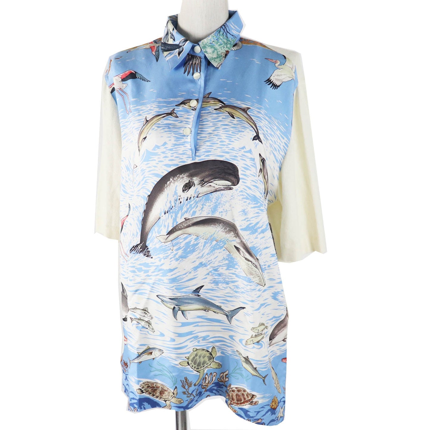 HERMES Short sleeve polo shirt Main: 100% silk, Main: 85% cotton, Main: 15% cashmere Light blue white The Precious Life of the Mediterranean Women M