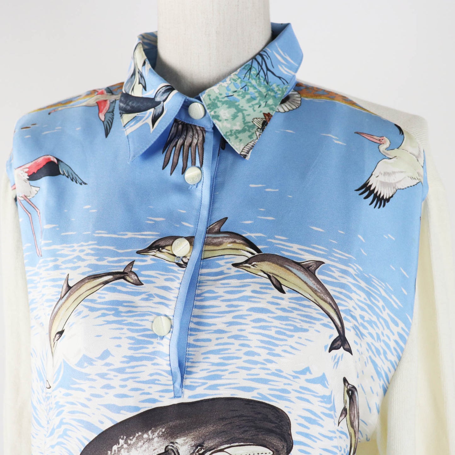 HERMES Short sleeve polo shirt Main: 100% silk, Main: 85% cotton, Main: 15% cashmere Light blue white The Precious Life of the Mediterranean Women M