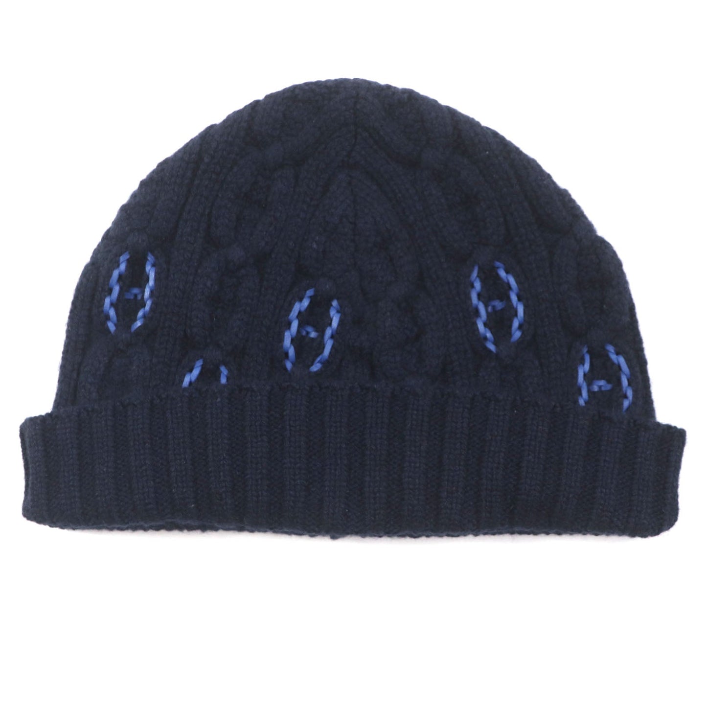 HERMES Knit cap H232073N Main: 100% cashmere, Leather part: Sheepskin Navy Tri-Maion mens L