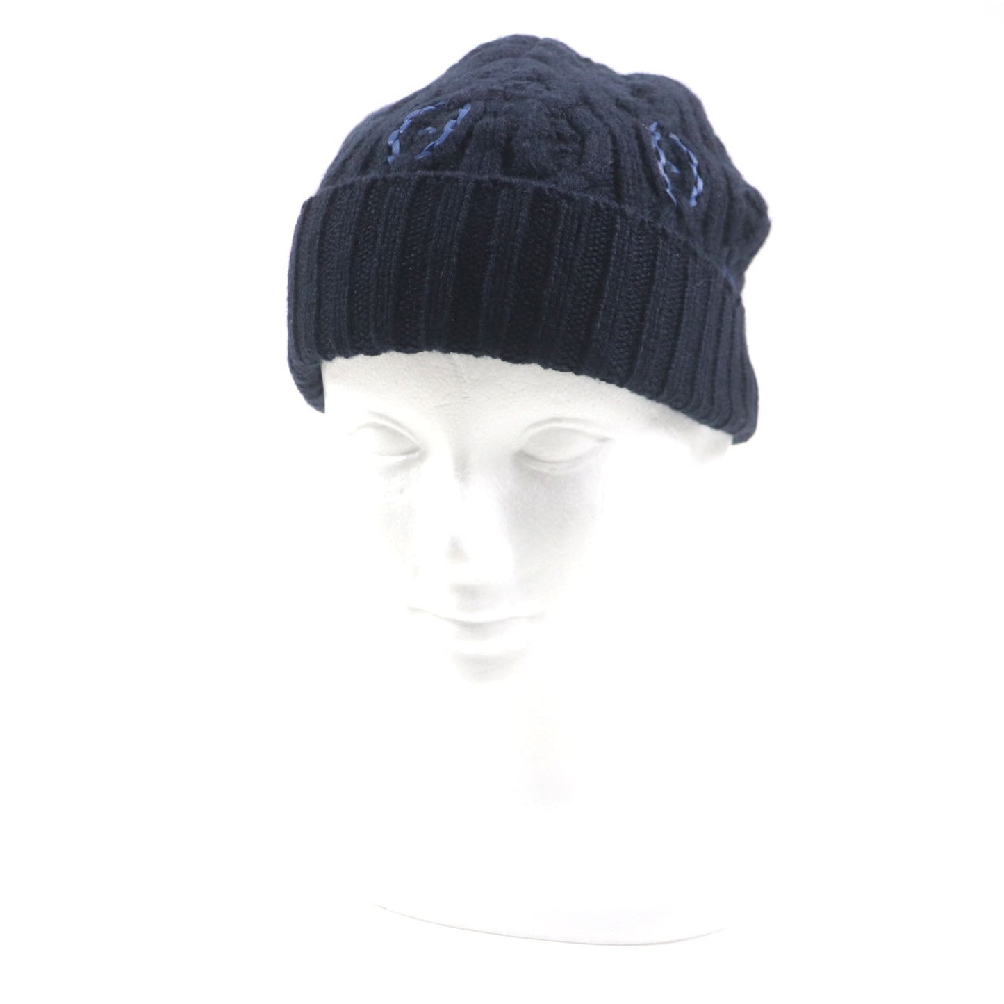 HERMES Knit cap H232073N Main: 100% cashmere, Leather part: Sheepskin Navy Tri-Maion mens L