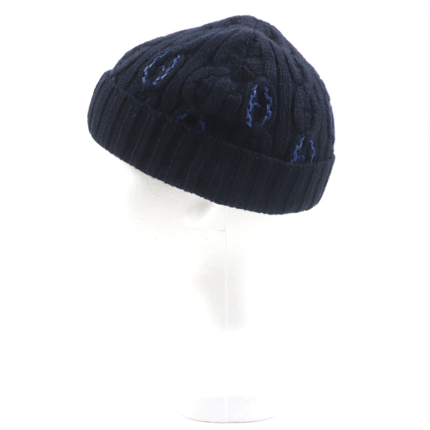 HERMES Knit cap H232073N Main: 100% cashmere, Leather part: Sheepskin Navy Tri-Maion mens L