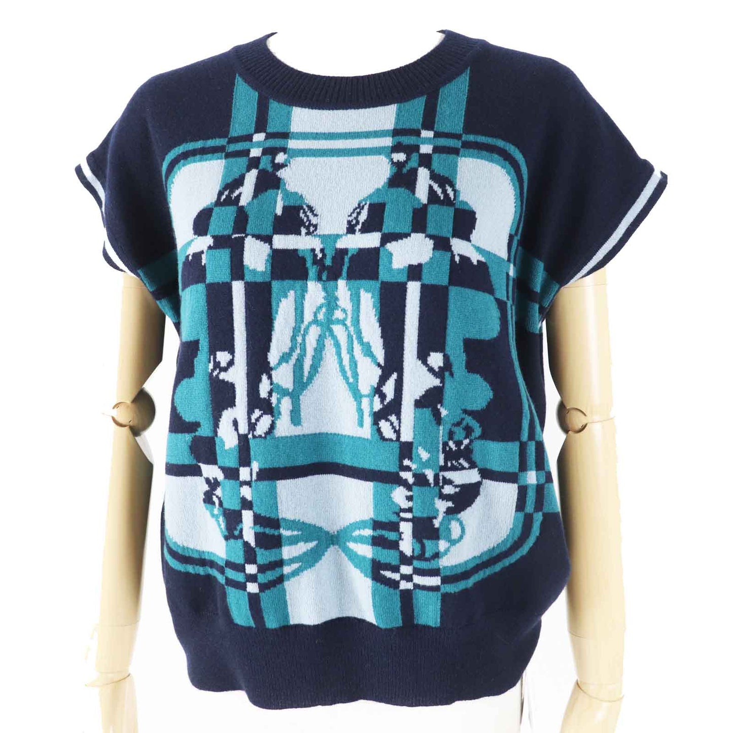 HERMES knit 3H2608DD Main: 100% cashmere Dark Navy Green BRIDES de GALA Tartan ceremonial bridle Women 38