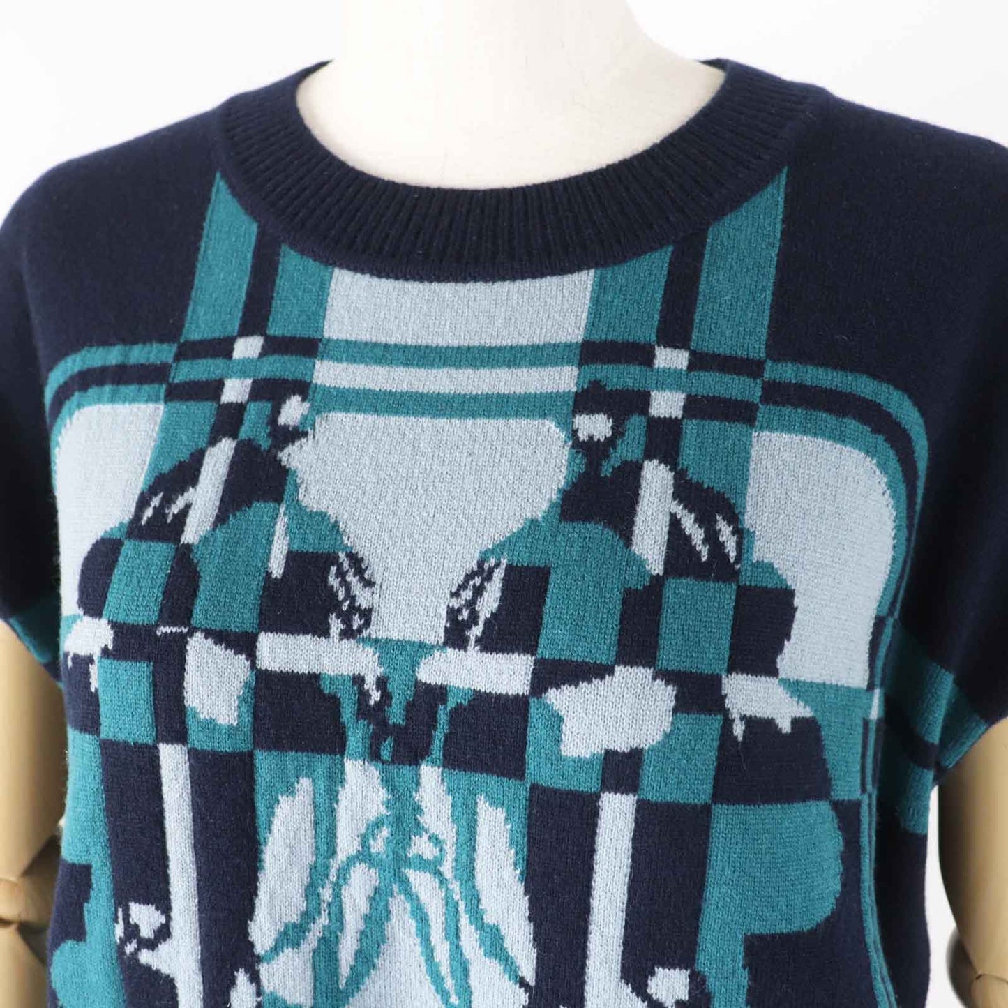 HERMES knit 3H2608DD Main: 100% cashmere Dark Navy Green BRIDES de GALA Tartan ceremonial bridle Women 38