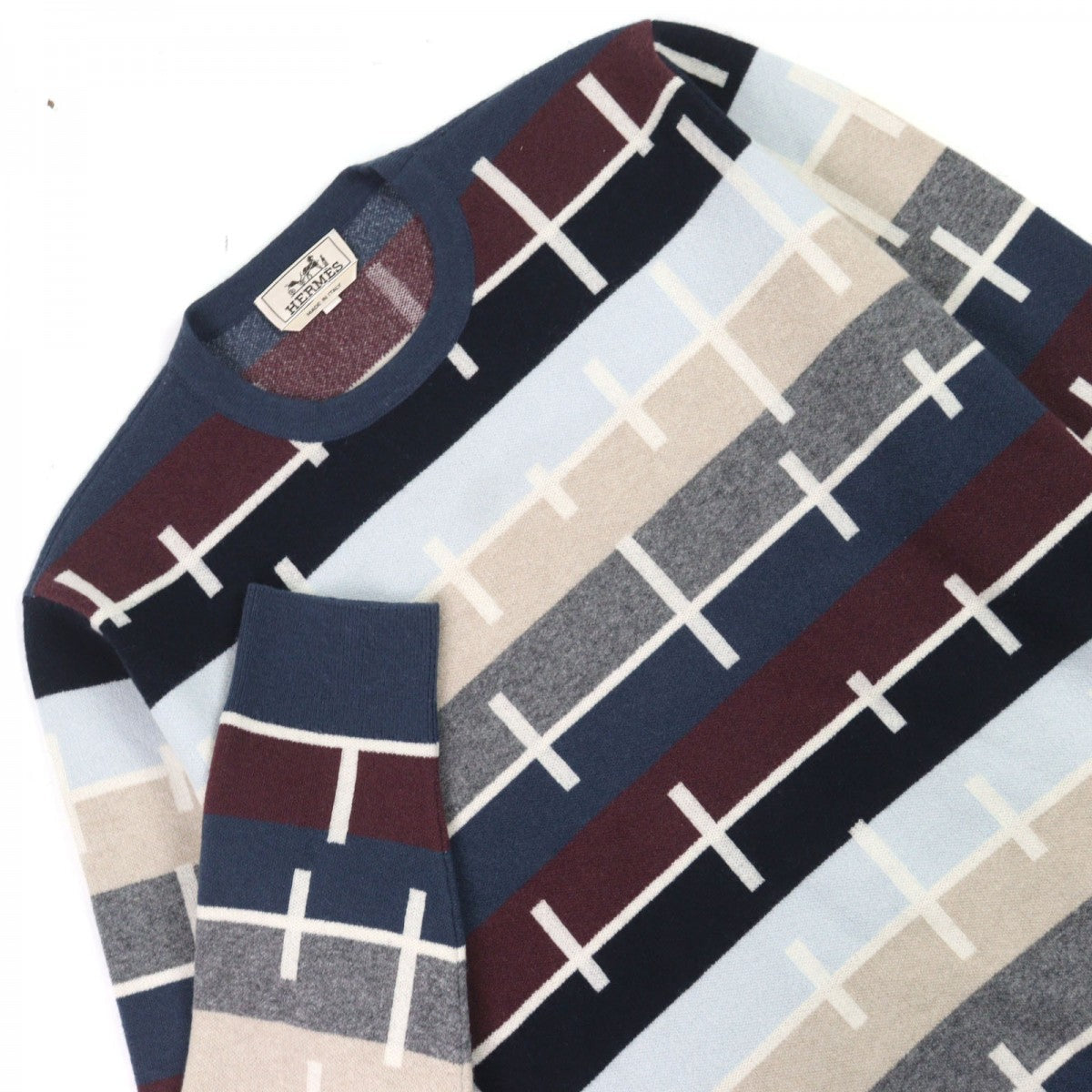HERMES knit Main: 100% cashmere Multicolor Border Pattern mens M