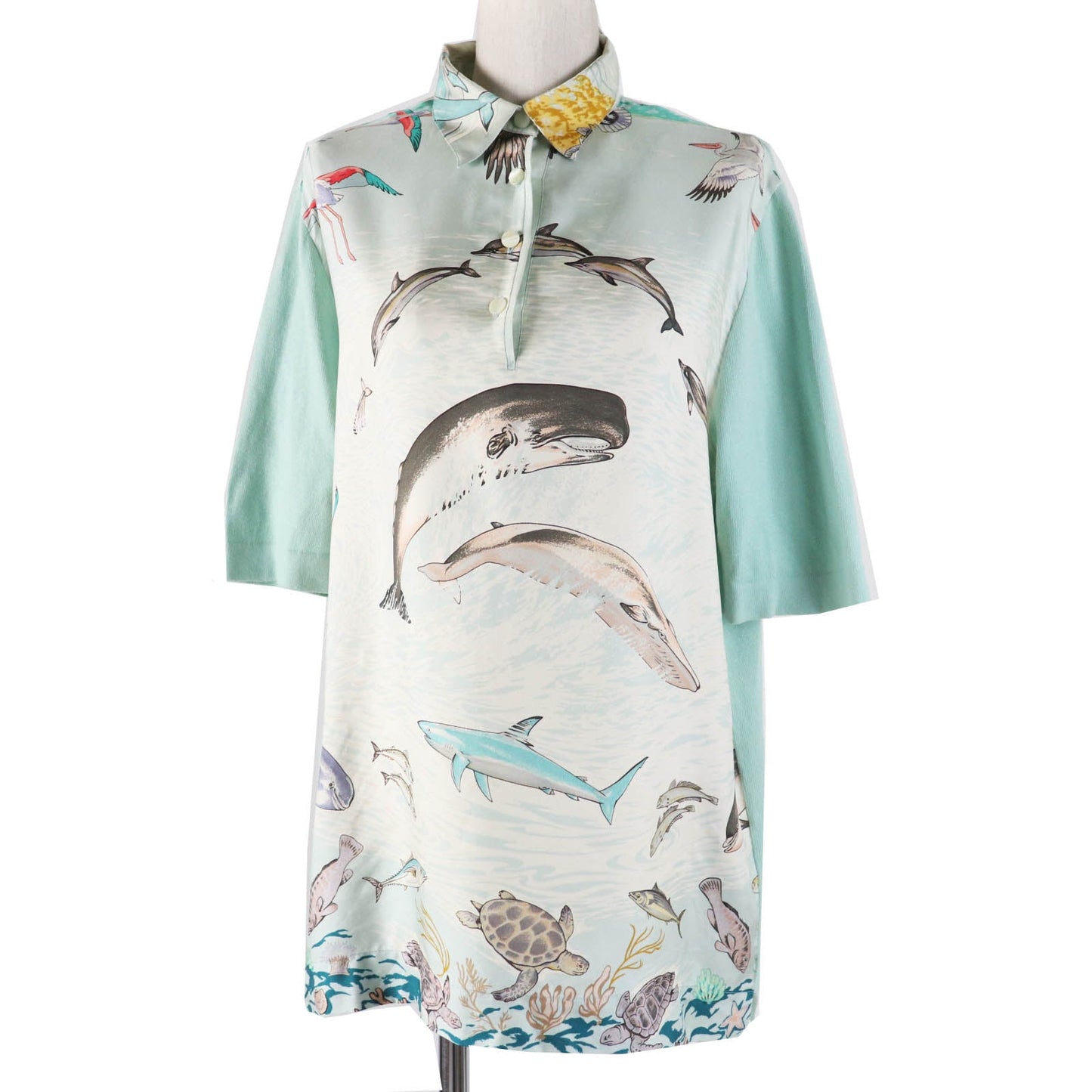 HERMES Short sleeve polo shirt Outer material: 100% silk, Outer material: 85% cotton, Outer material: 15% cashmere Light blue type The Precious Life of the Mediterranean Women M