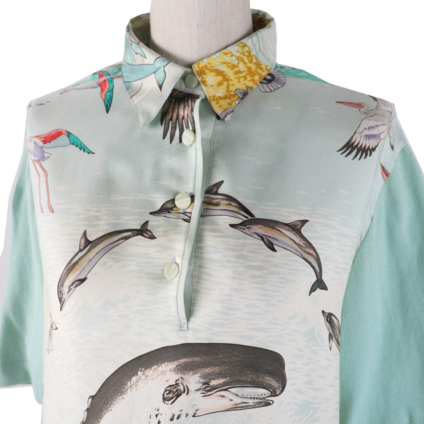 HERMES Short sleeve polo shirt Outer material: 100% silk, Outer material: 85% cotton, Outer material: 15% cashmere Light blue type The Precious Life of the Mediterranean Women M