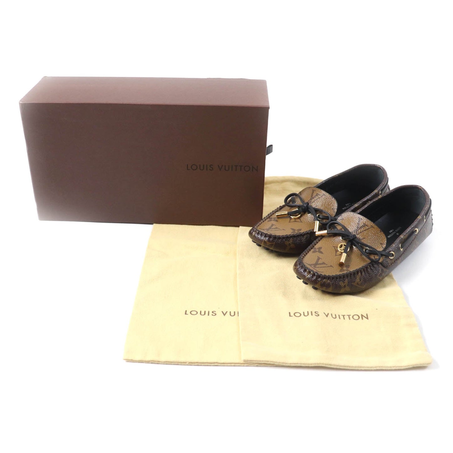 LOUIS VUITTON loafers Main: Monogram reverse canvas, leather Brown Driving shoes moccasins Gloria Lyne Women 35 1/2
