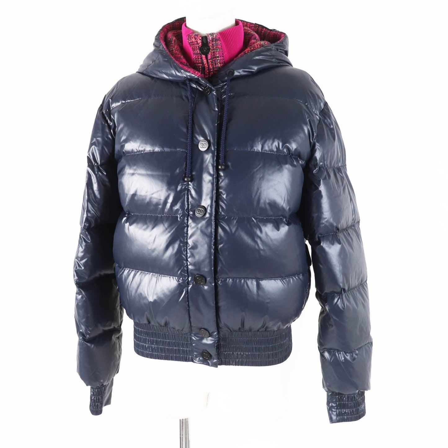 CHANEL Down jacket P59432 Outer: 98% polyamide (nylon), Outer: 2% polyurethane, Filling: 90% down, Filling: 10% feather, Lining: 100% polyamide (nylon), Part: 100% polyester Dark Navy Pink type Coconeige Women 36
