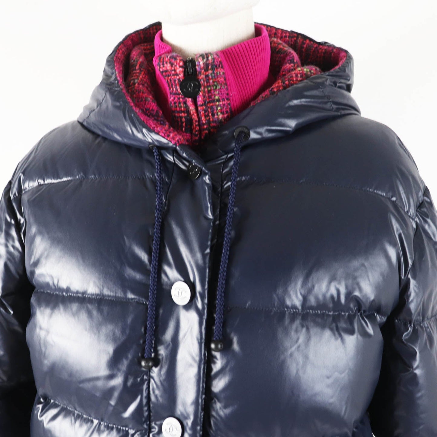 CHANEL Down jacket P59432 Outer: 98% polyamide (nylon), Outer: 2% polyurethane, Filling: 90% down, Filling: 10% feather, Lining: 100% polyamide (nylon), Part: 100% polyester Dark Navy Pink type Coconeige Women 36