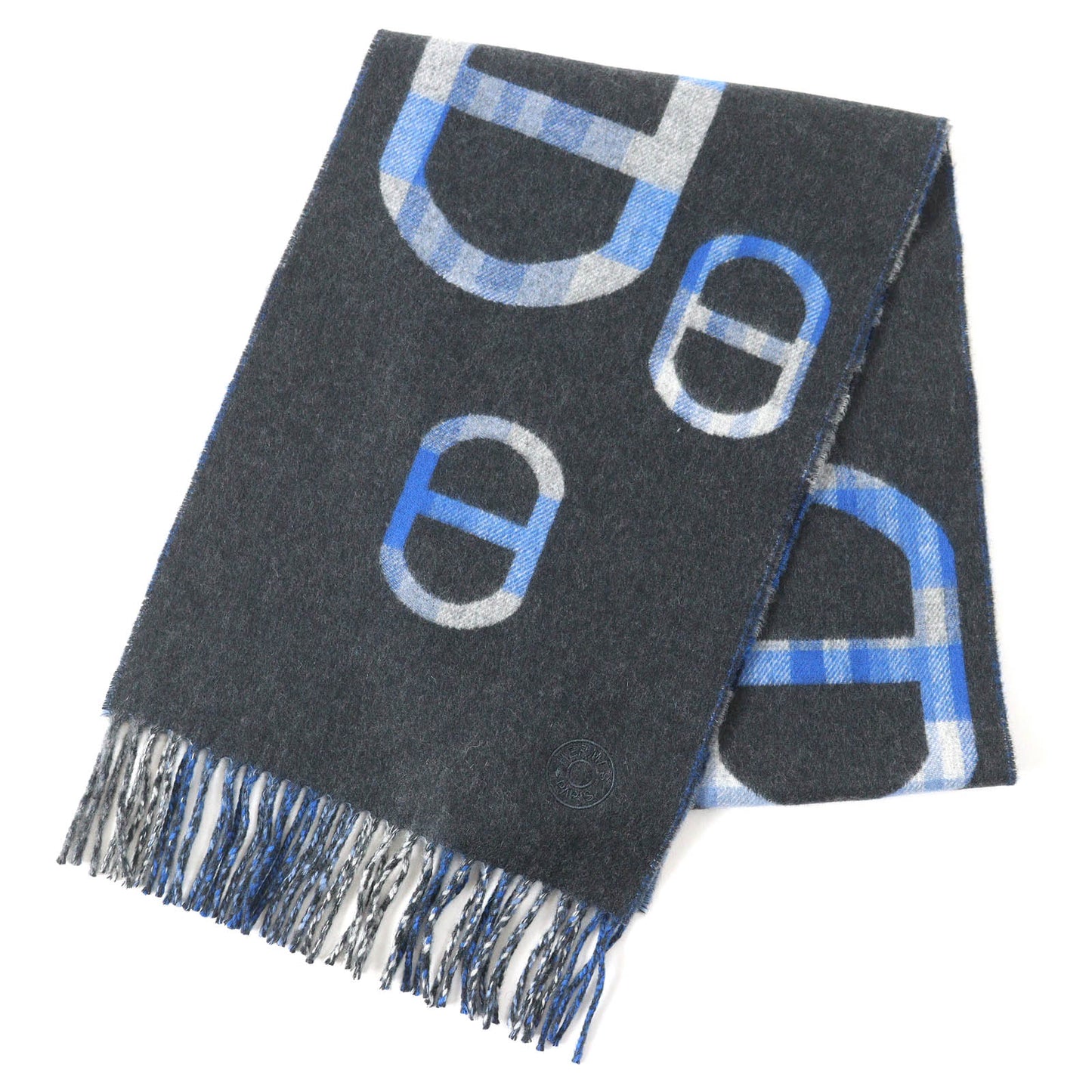 HERMES Scarf Main: 100% cashmere Anthracite/Blue tartan maillon Women