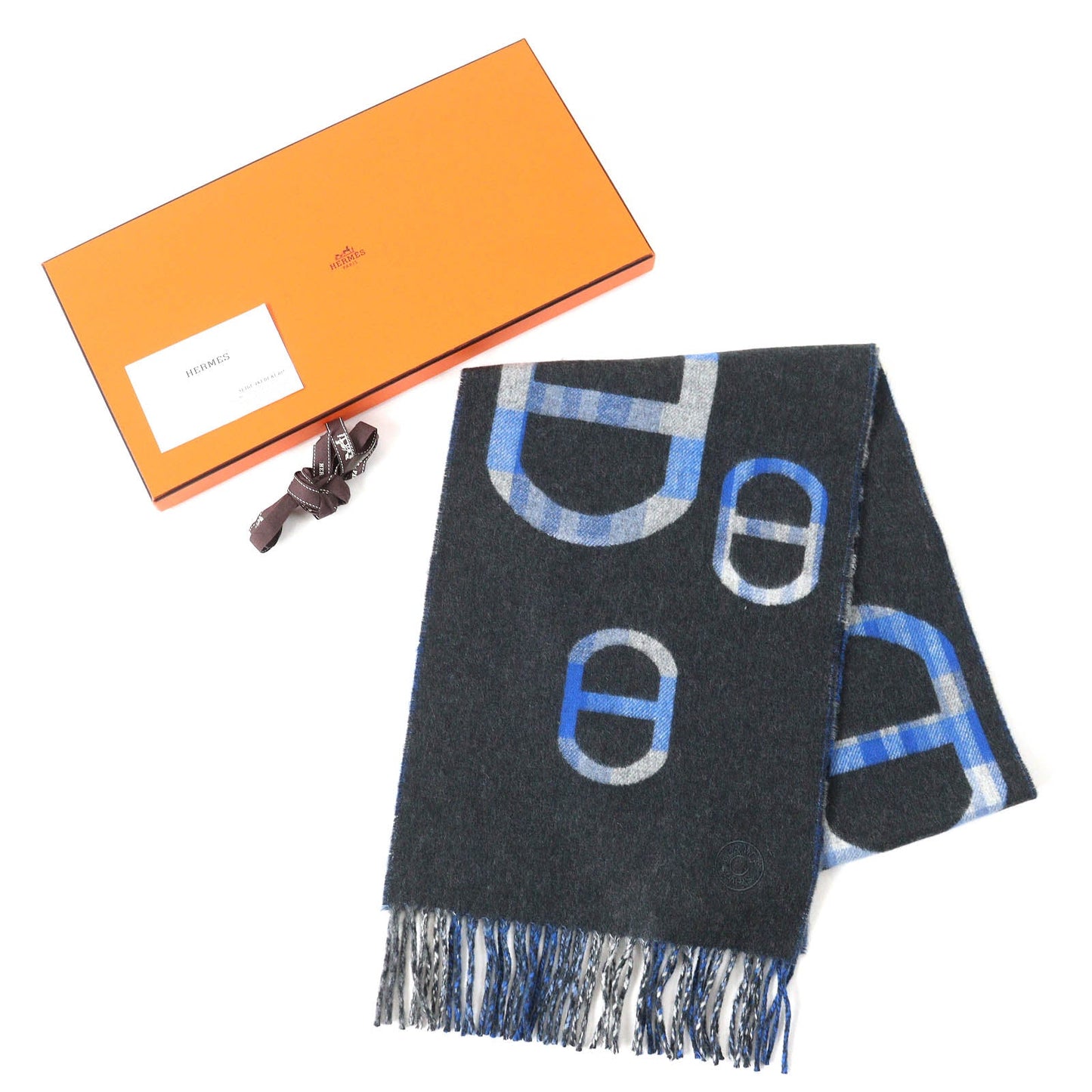 HERMES Scarf Main: 100% cashmere Anthracite/Blue tartan maillon Women