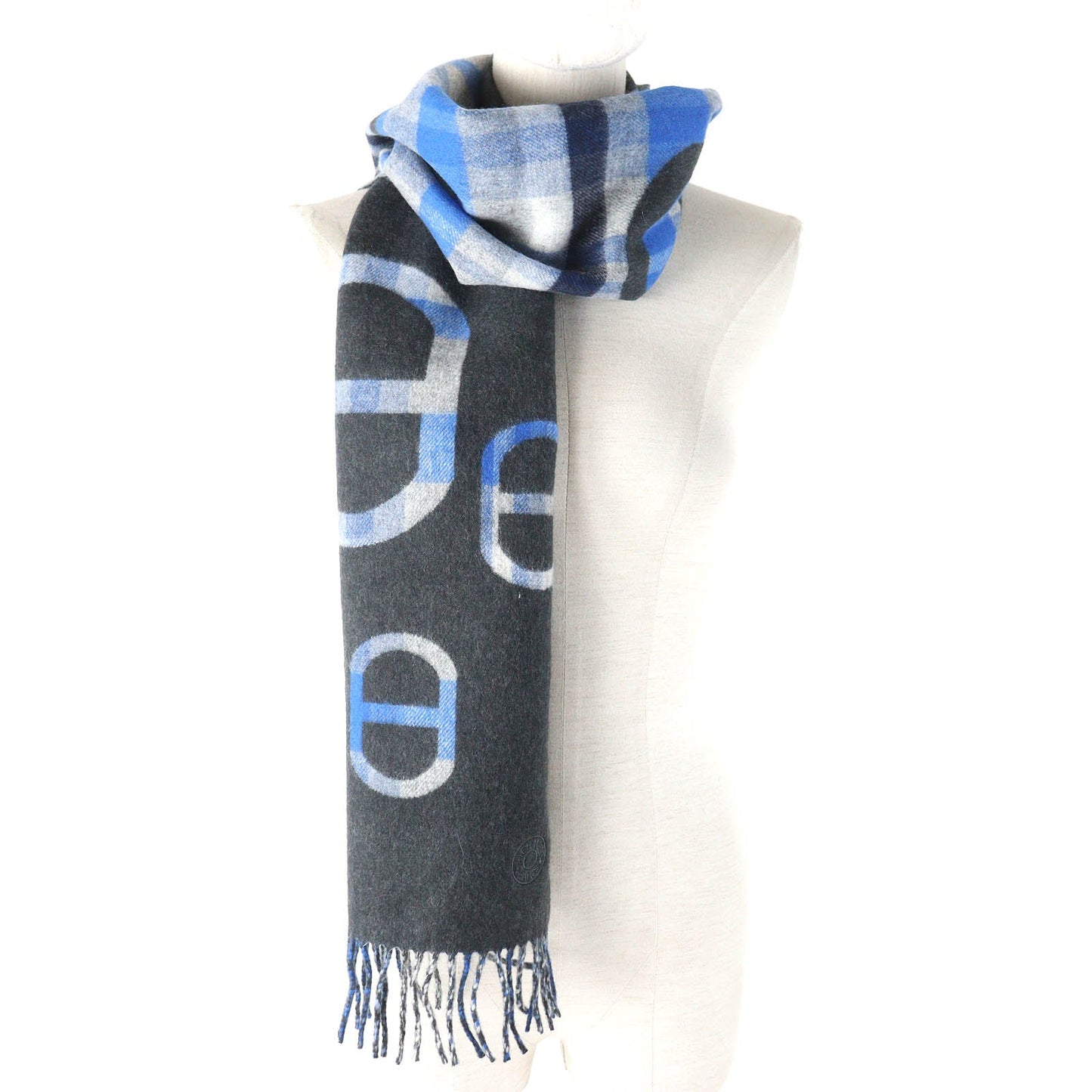 HERMES Scarf Main: 100% cashmere Anthracite/Blue tartan maillon Women