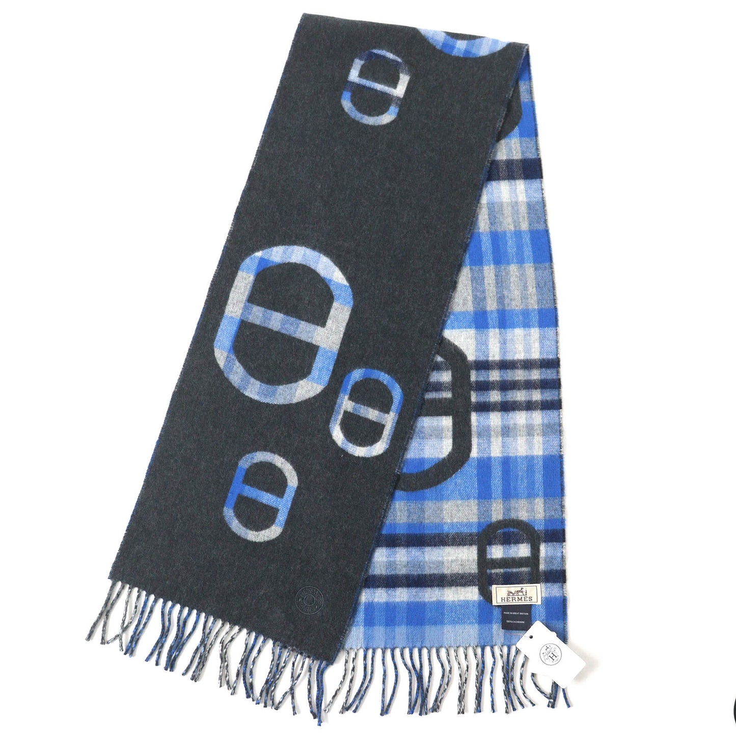 HERMES Scarf Main: 100% cashmere Anthracite/Blue tartan maillon Women