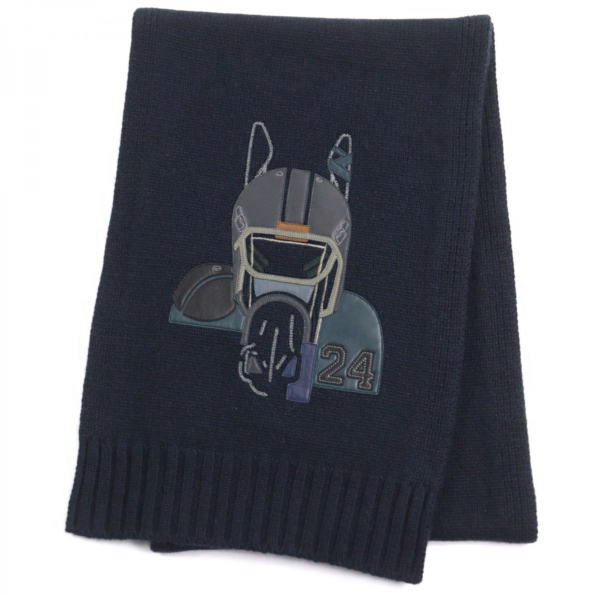 HERMES Scarf H393972T Main: 80% cashmere, Main: 20% silk, Leather part: sheepskin Navy type, Marine Patch Cuir Quarterb'H Quarterbash mens