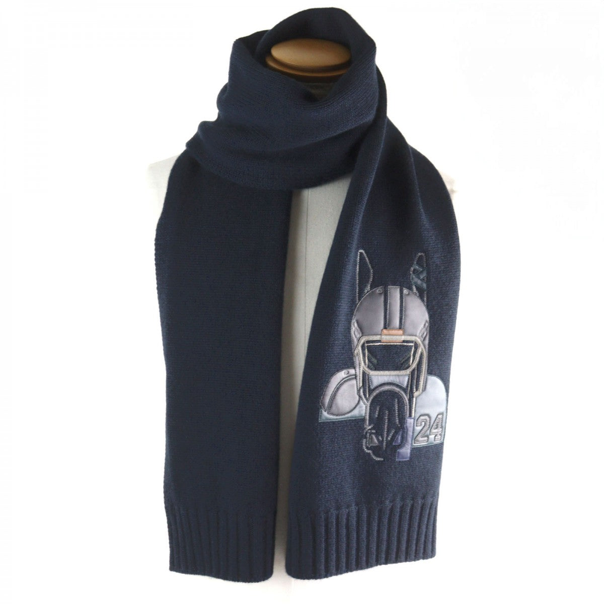 HERMES Scarf H393972T Main: 80% cashmere, Main: 20% silk, Leather part: sheepskin Navy type, Marine Patch Cuir Quarterb'H Quarterbash mens