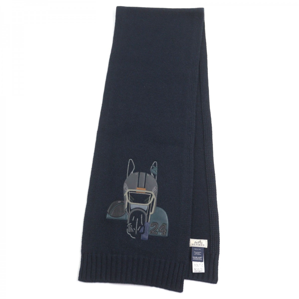 HERMES Scarf H393972T Main: 80% cashmere, Main: 20% silk, Leather part: sheepskin Navy type, Marine Patch Cuir Quarterb'H Quarterbash mens