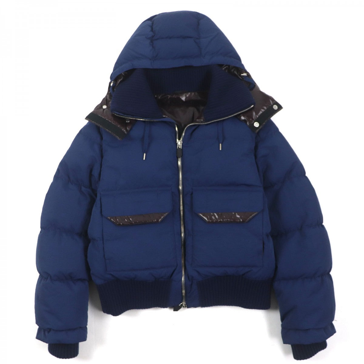 HERMES Down jacket Main: 100% nylon, Lining: 100% nylon, Leather part: sheepskin, Part: 68% wool, Part: 29% cashmere Navy mens 46
