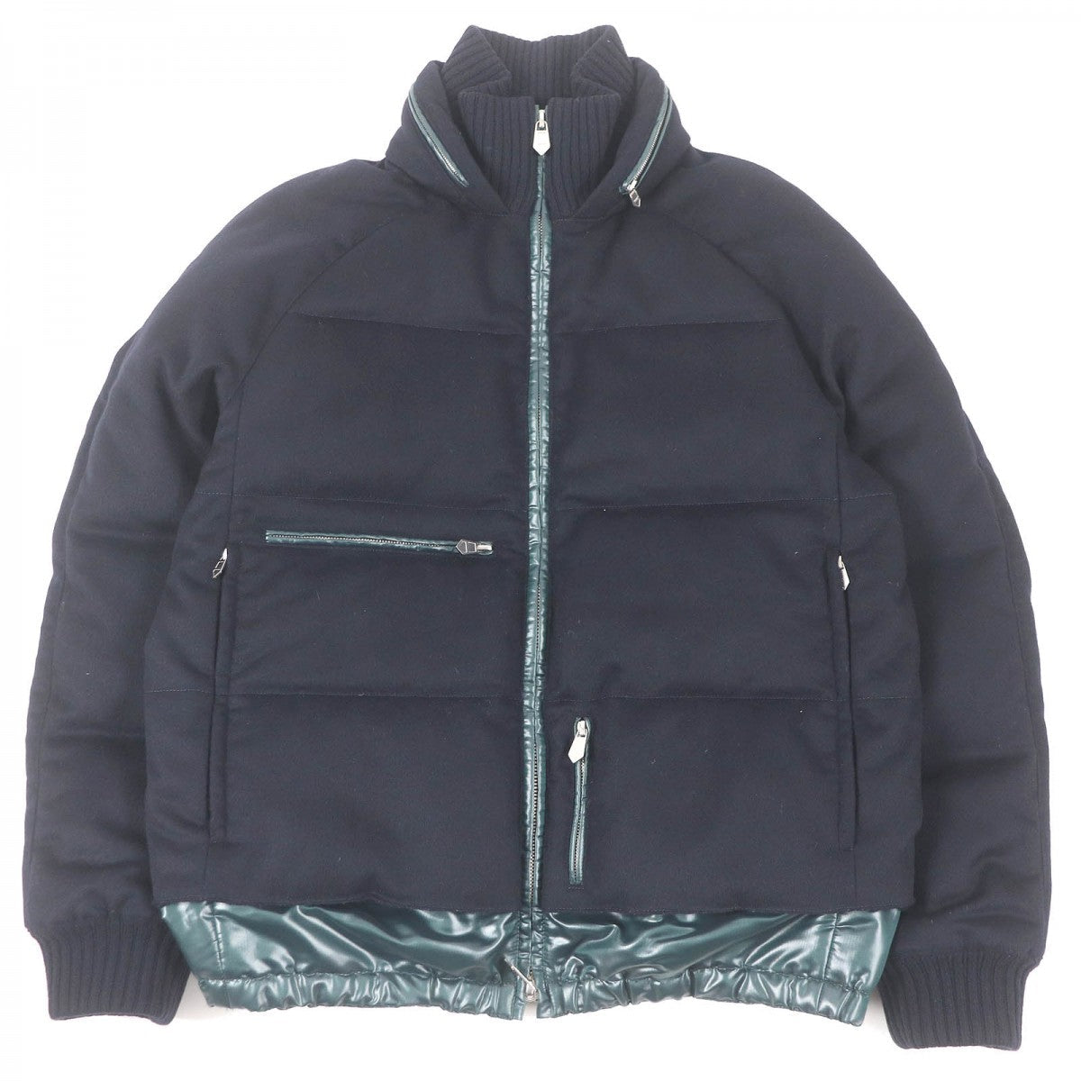 HERMES Down jacket Main: 100% cashmere, Lining: 63% polyester, Lining: 37% nylon, Part: 68% wool, Part: 29% cashmere Navy mens 46