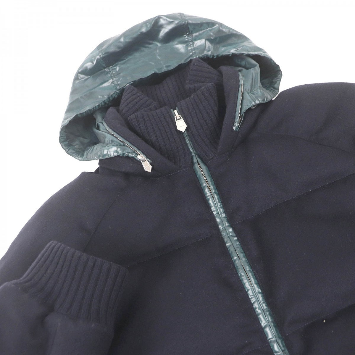 HERMES Down jacket Main: 100% cashmere, Lining: 63% polyester, Lining: 37% nylon, Part: 68% wool, Part: 29% cashmere Navy mens 46