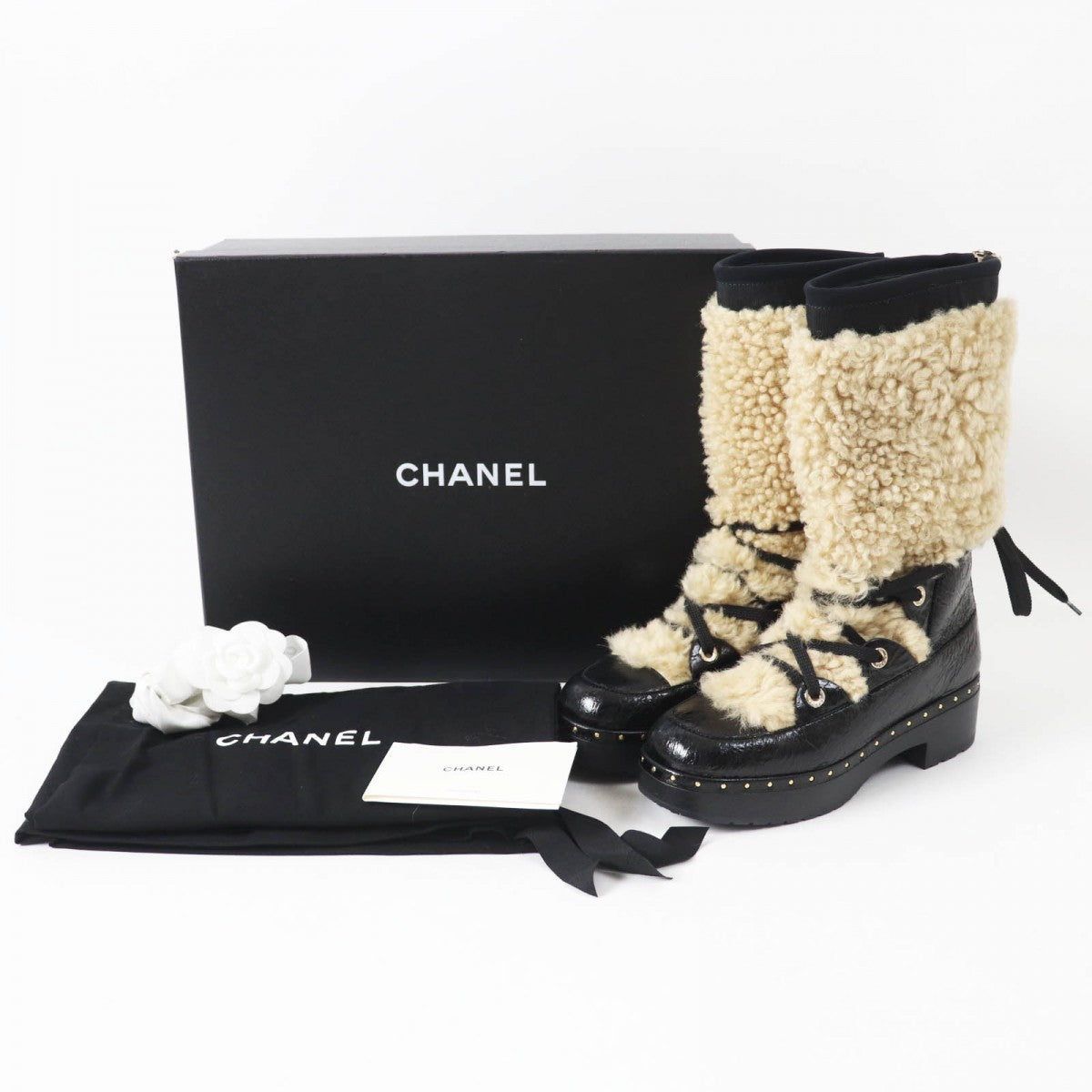 CHANEL boots 20B G35157 Main: Leather, Part: Mouton Black beige Women 37