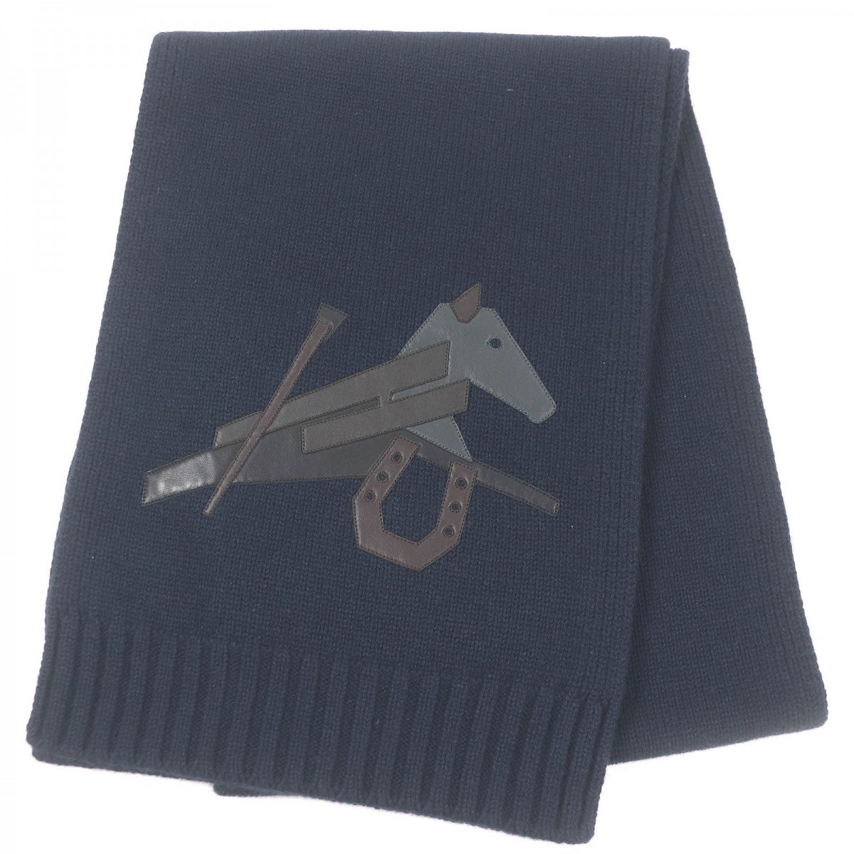 HERMES Scarf H393803T Main: 80% cashmere, Main: 20% silk, Part: Lamb leather Navy Puzzle Equestre mens