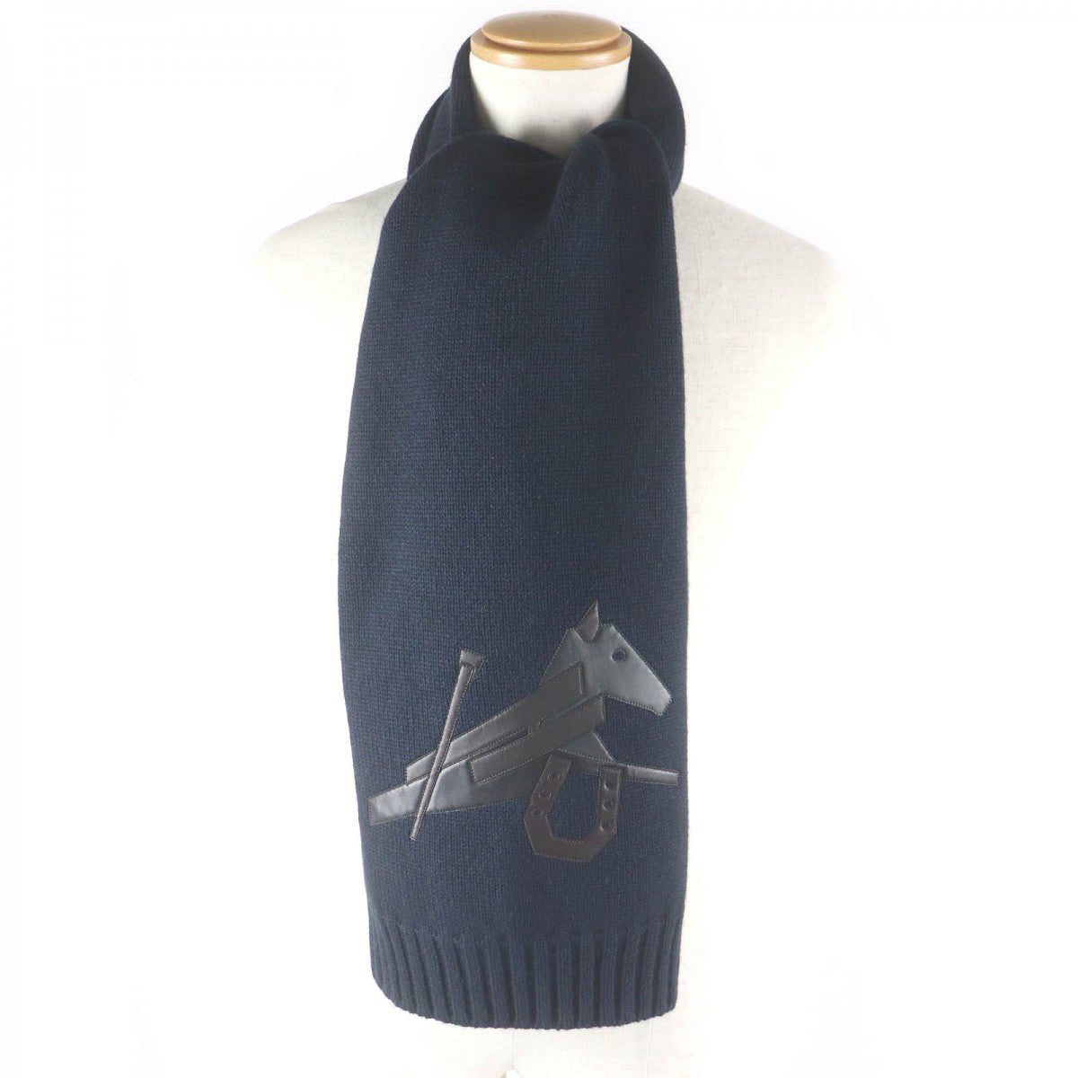 HERMES Scarf H393803T Main: 80% cashmere, Main: 20% silk, Part: Lamb leather Navy Puzzle Equestre mens