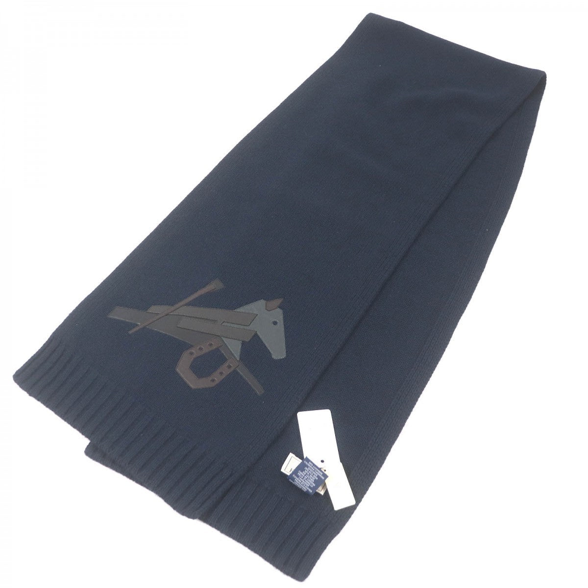 HERMES Scarf H393803T Main: 80% cashmere, Main: 20% silk, Part: Lamb leather Navy Puzzle Equestre mens