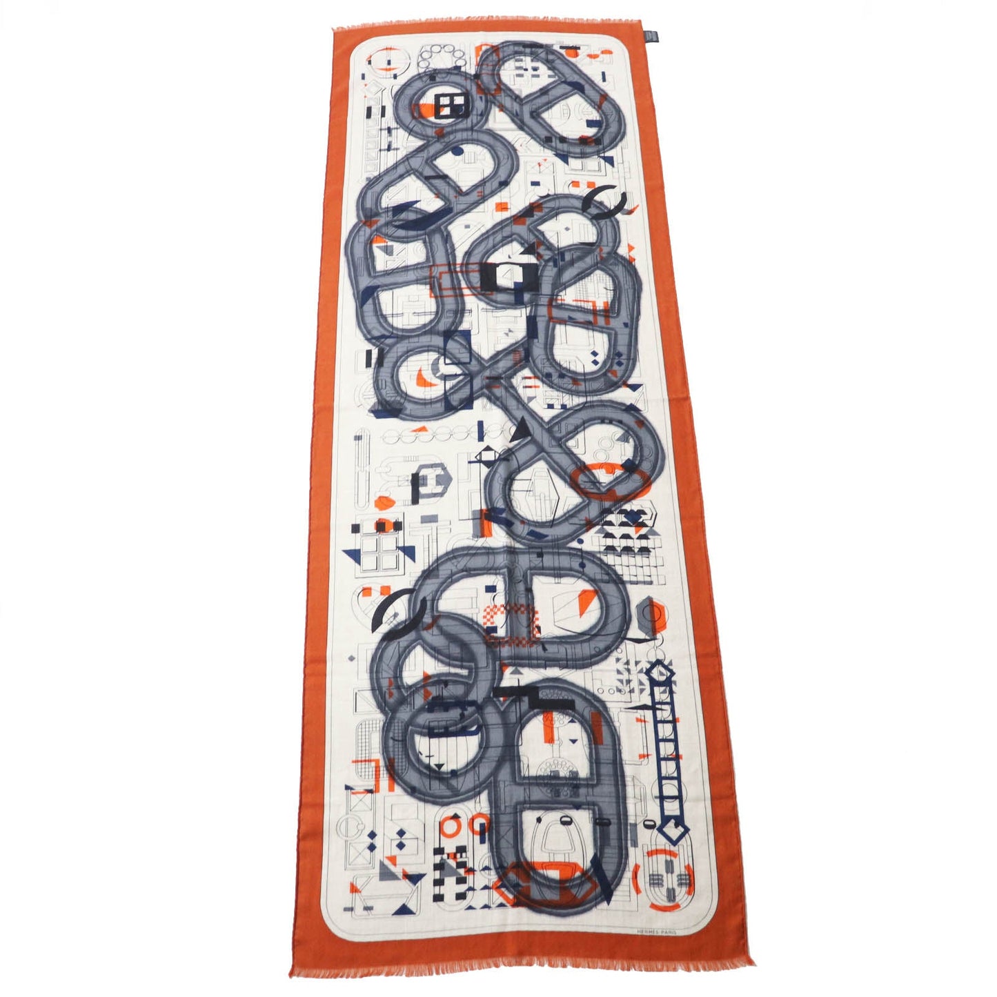 HERMES Stall Main: 70% cashmere, Main: 30% silk Etoupe/Orange/Indigo Rectangle Ampremour Fleur mens