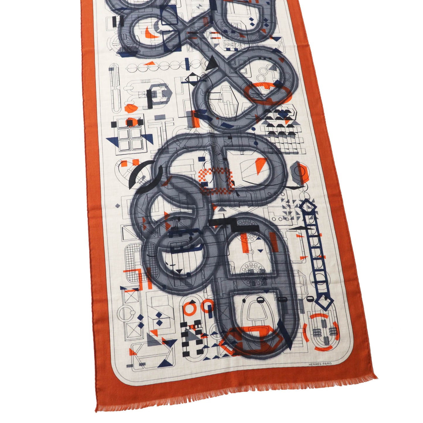 HERMES Stall Main: 70% cashmere, Main: 30% silk Etoupe/Orange/Indigo Rectangle Ampremour Fleur mens