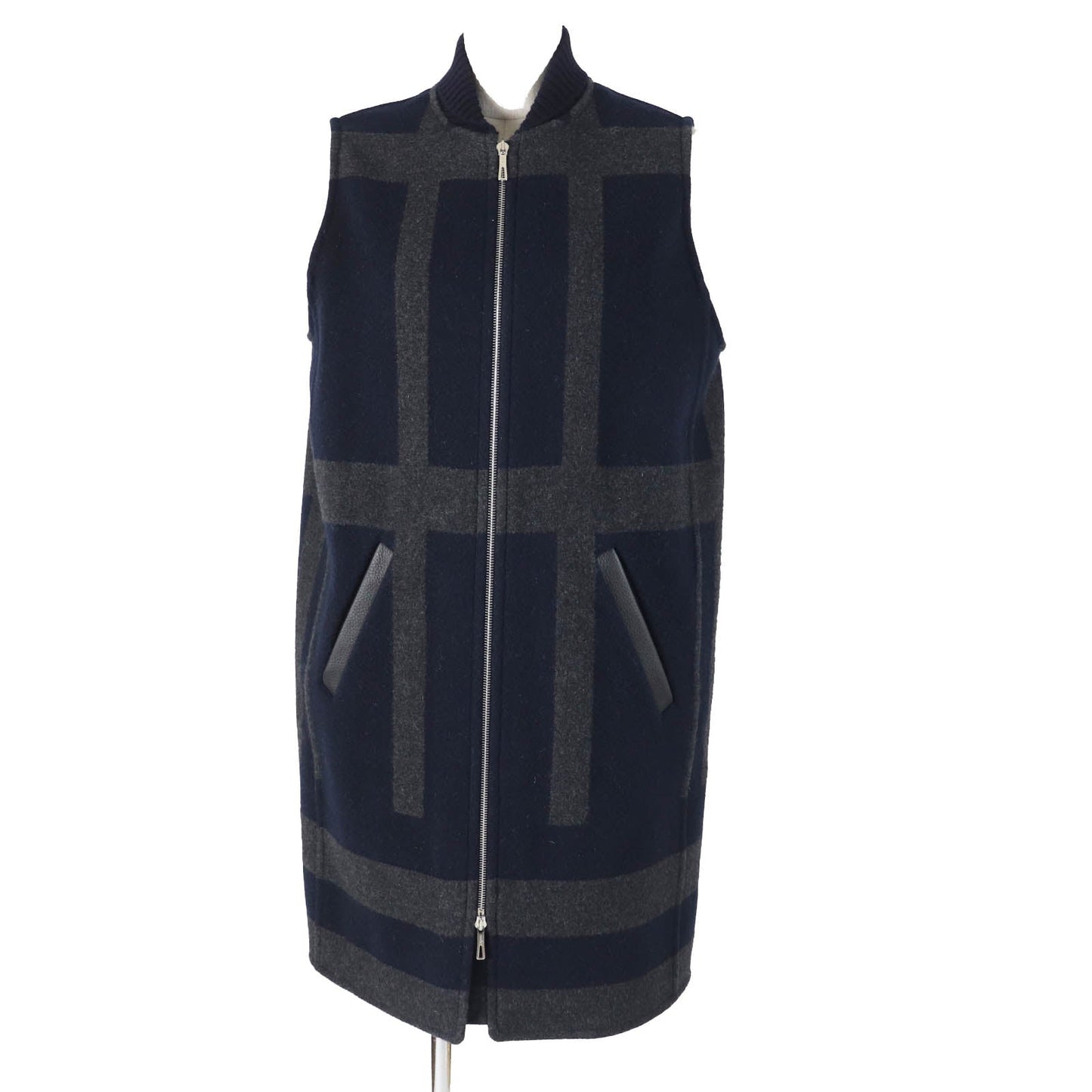 HERMES Vest Main: 98% cashmere, Main: 1% nylon, Main: 1% polyurethane, Part: 92% cashmere, Part: 6% nylon Navy gray Varsity Women 34