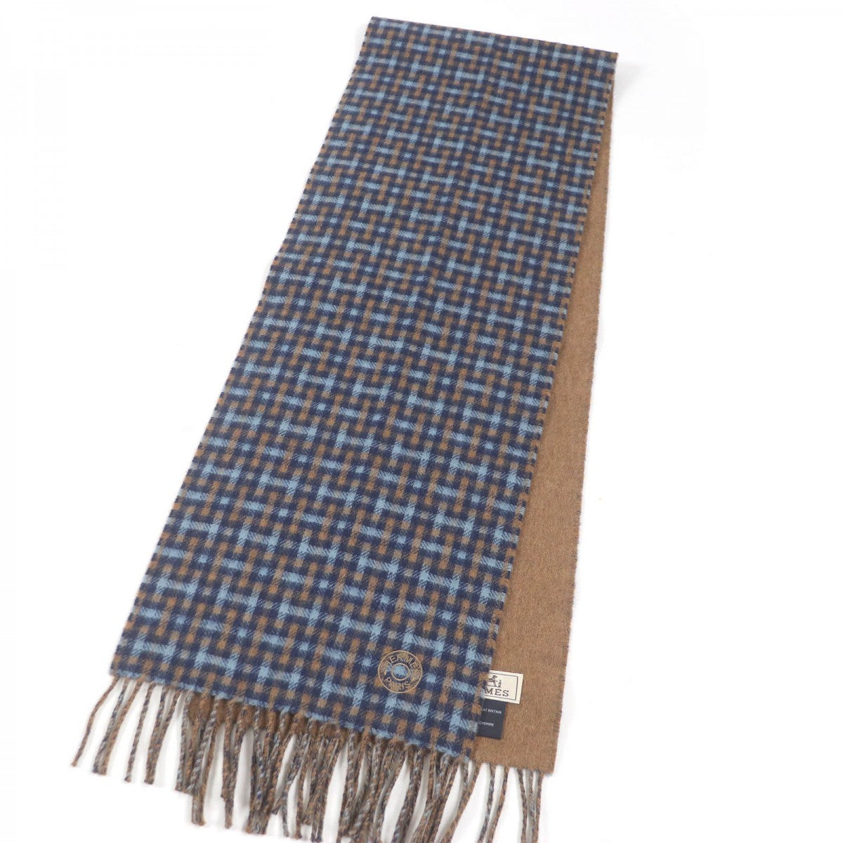 HERMES Scarf Main: 100% cashmere Blue type H ecoce rectoverso mens