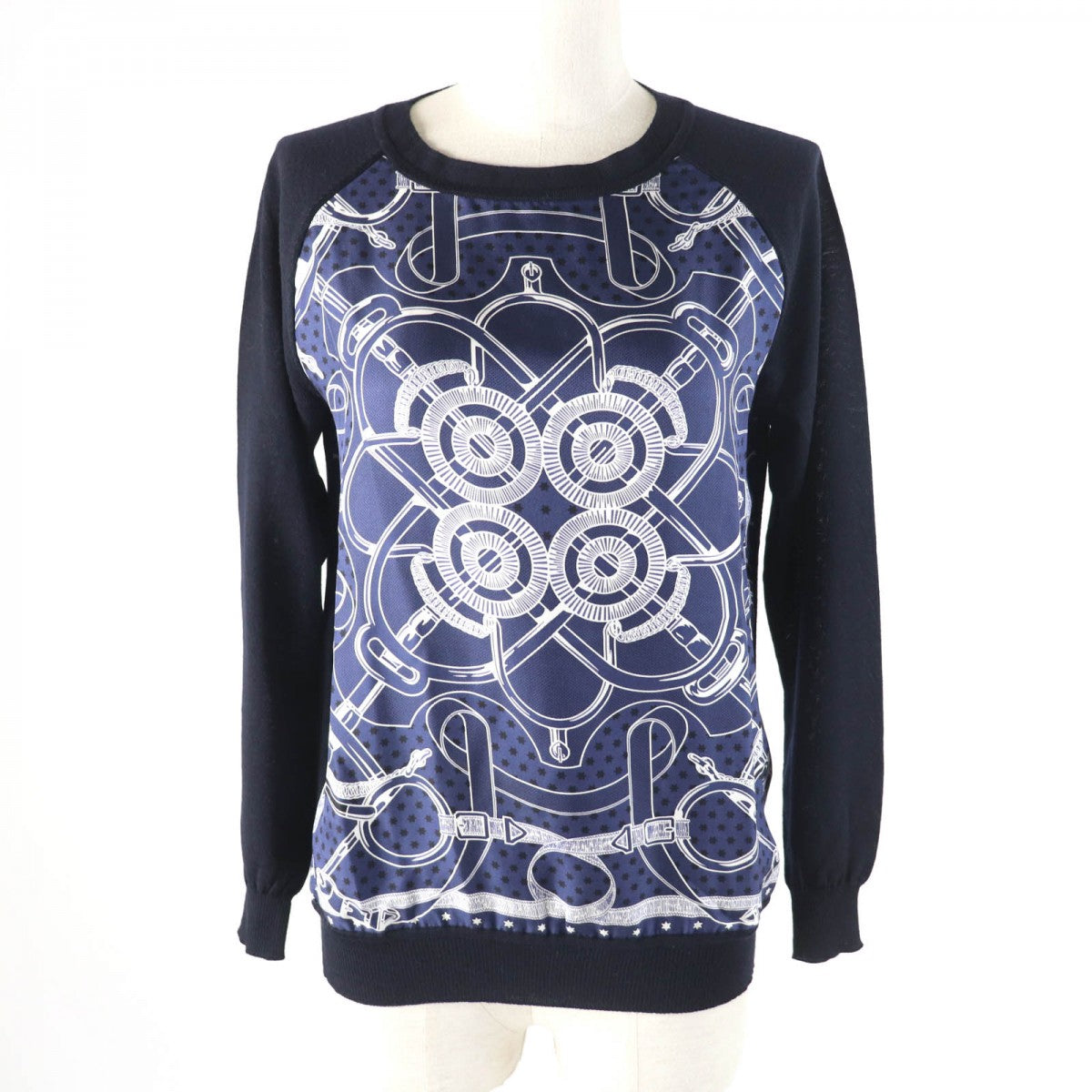 HERMES knit Main: 100% wool, Part: 100% silk Navy Eperon d'or Tellier Golden Spur Women 36