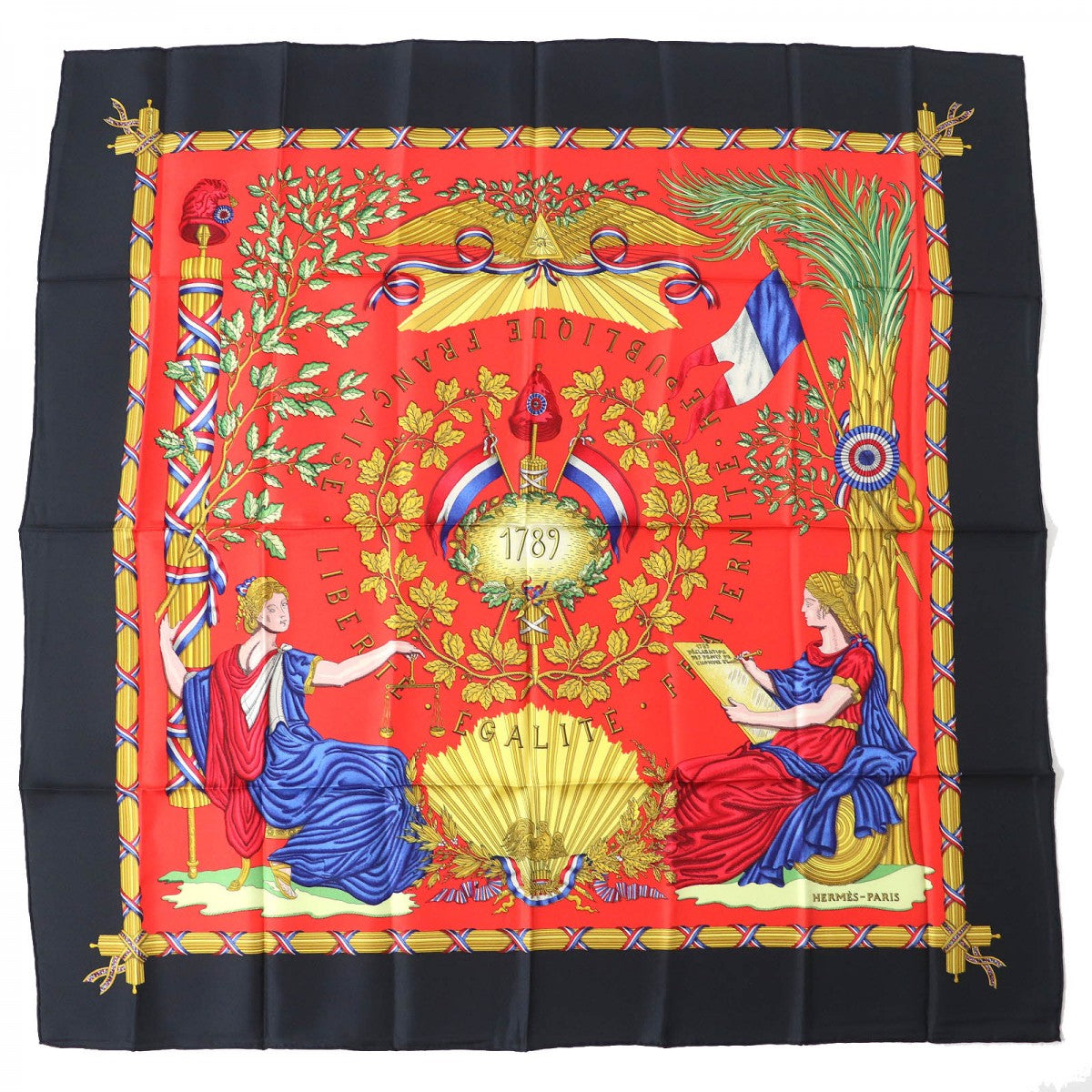 HERMES scarf Main: 100% silk black red multicolor 1789 LIBERTE EGALITE FRATERNITE REPUBLIQUE FRANCAISE 1789 Commemorating the French Revolution Women