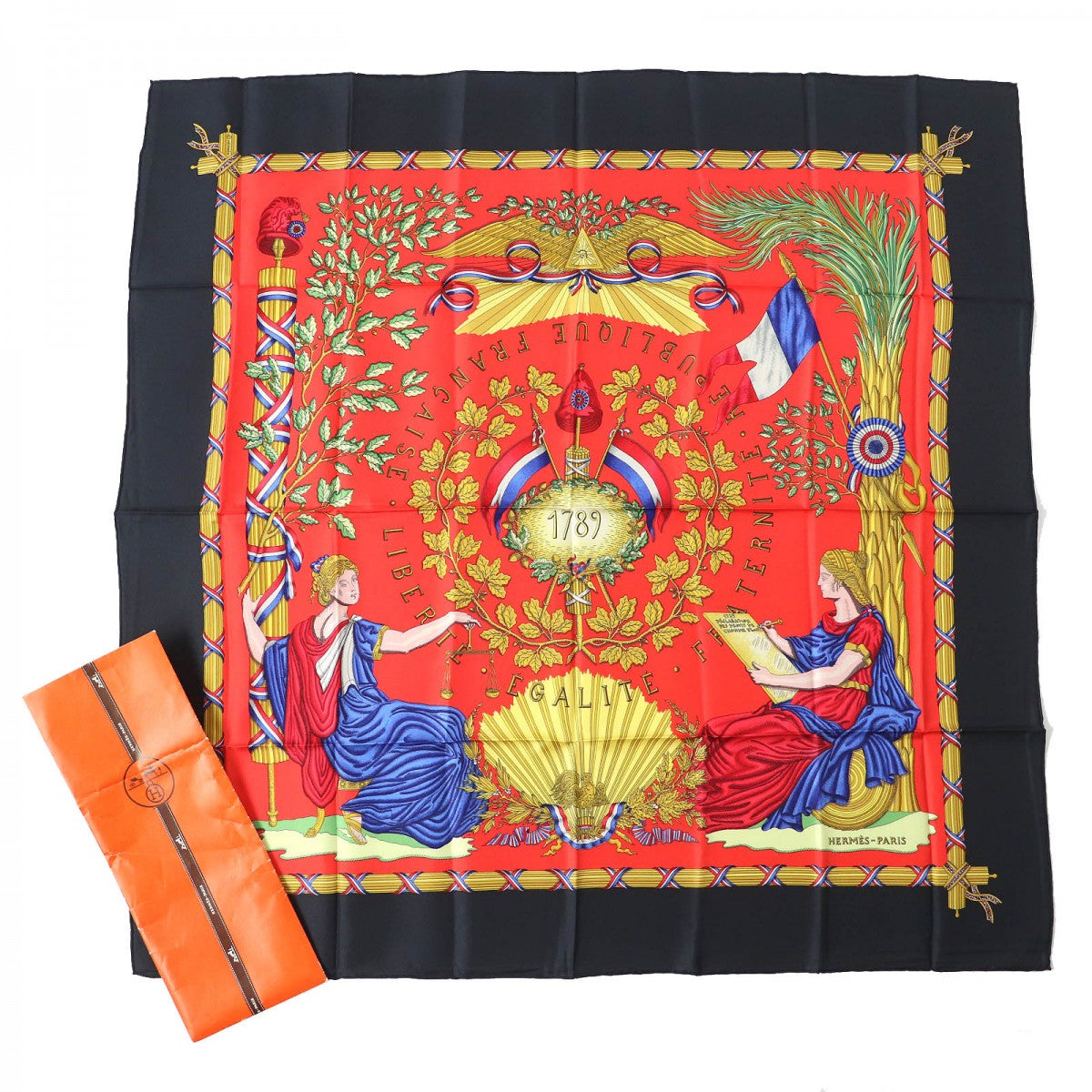 HERMES scarf Main: 100% silk black red multicolor 1789 LIBERTE EGALITE FRATERNITE REPUBLIQUE FRANCAISE 1789 Commemorating the French Revolution Women