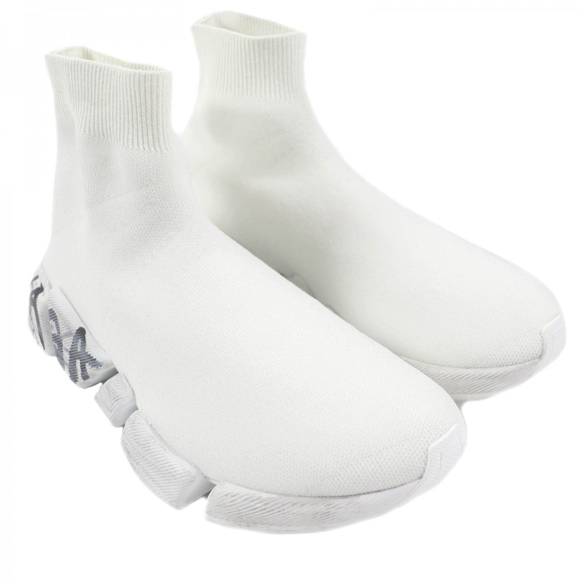 BALENCIAGA High cut sneakers 92% polyester, 8% spandex white Recycled knit Speed 2.0 Full Clear Sole Graffiti mens 38