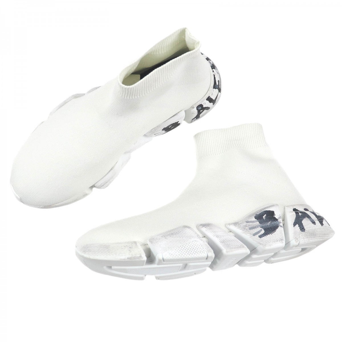 BALENCIAGA High cut sneakers 92% polyester, 8% spandex white Recycled knit Speed 2.0 Full Clear Sole Graffiti mens 38