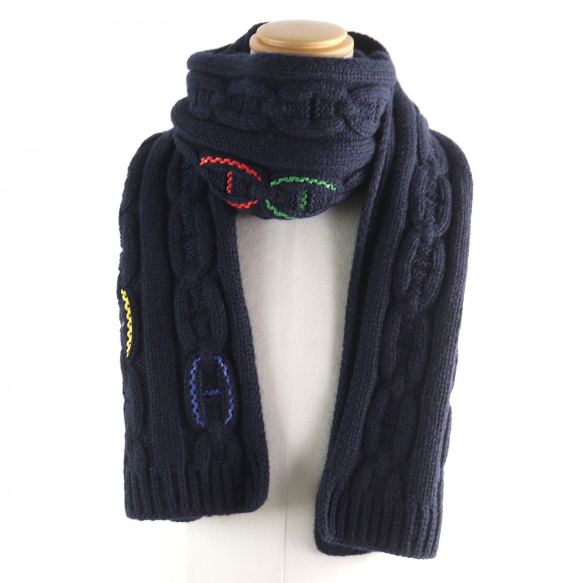 HERMES Scarf Main: 100% cashmere, Leather part: Sheepskin Navy type TRI-MAILLON Tri-Maillon mens