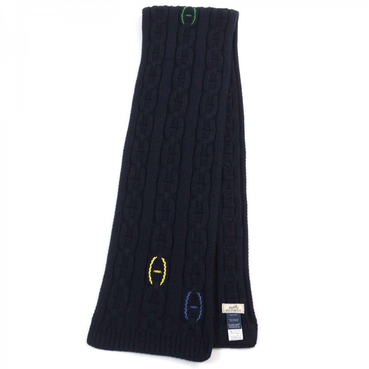 HERMES Scarf Main: 100% cashmere, Leather part: Sheepskin Navy type TRI-MAILLON Tri-Maillon mens