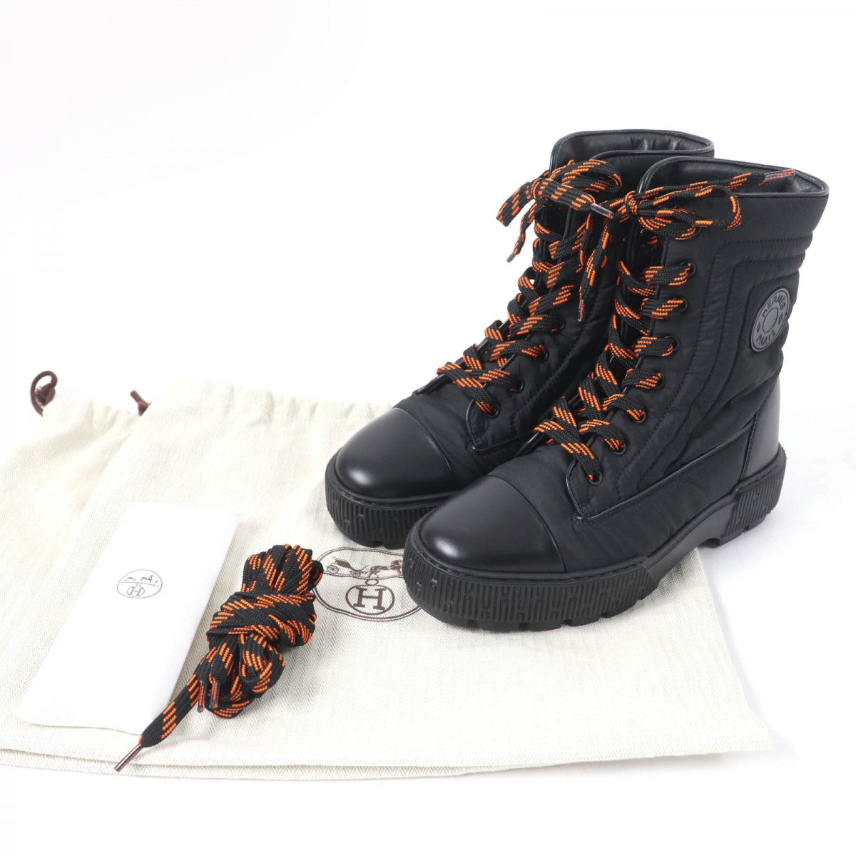 HERMES short boots Parachute Fabric , Leather black fresh Women 37