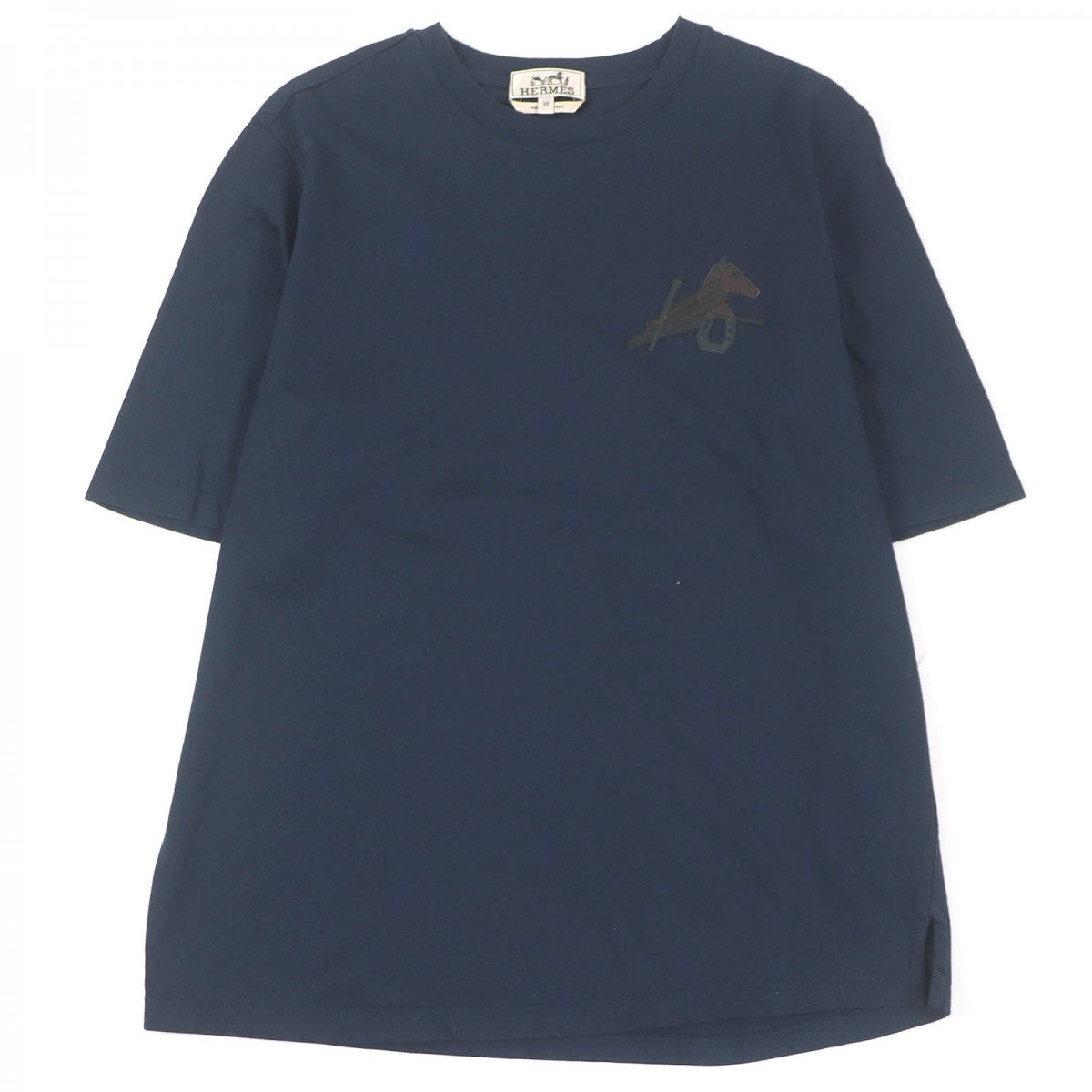HERMES Short sleeve T-shirt Main: 100% cotton, Leather part: Sheepskin Navy Puzzle Eskettle mens XS