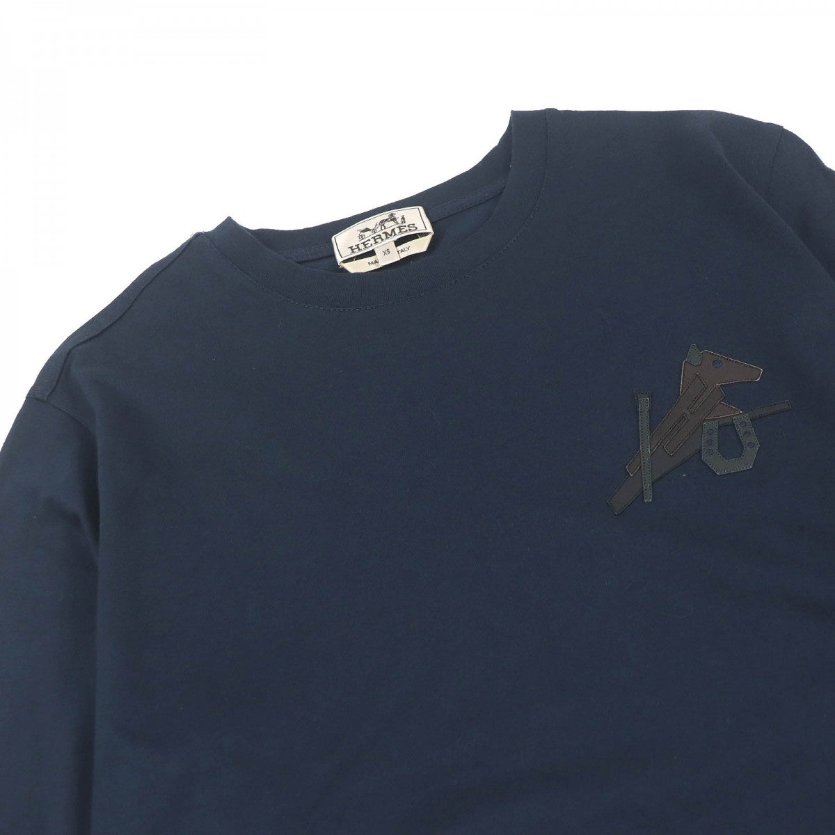 HERMES Short sleeve T-shirt Main: 100% cotton, Leather part: Sheepskin Navy Puzzle Eskettle mens XS