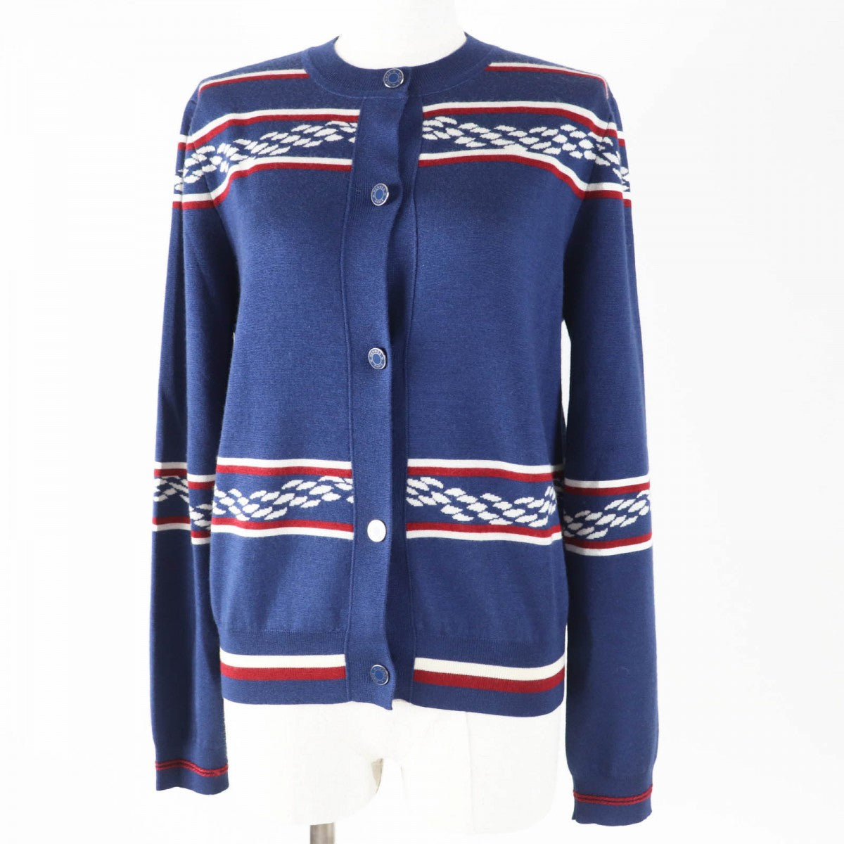 HERMES cardigan 3E2715D4 Main: 48% cashmere, Main: 48% silk, Main: 3% nylon, Main: 1% polyurethane, Part: 50% cashmere Navy white red Women 38