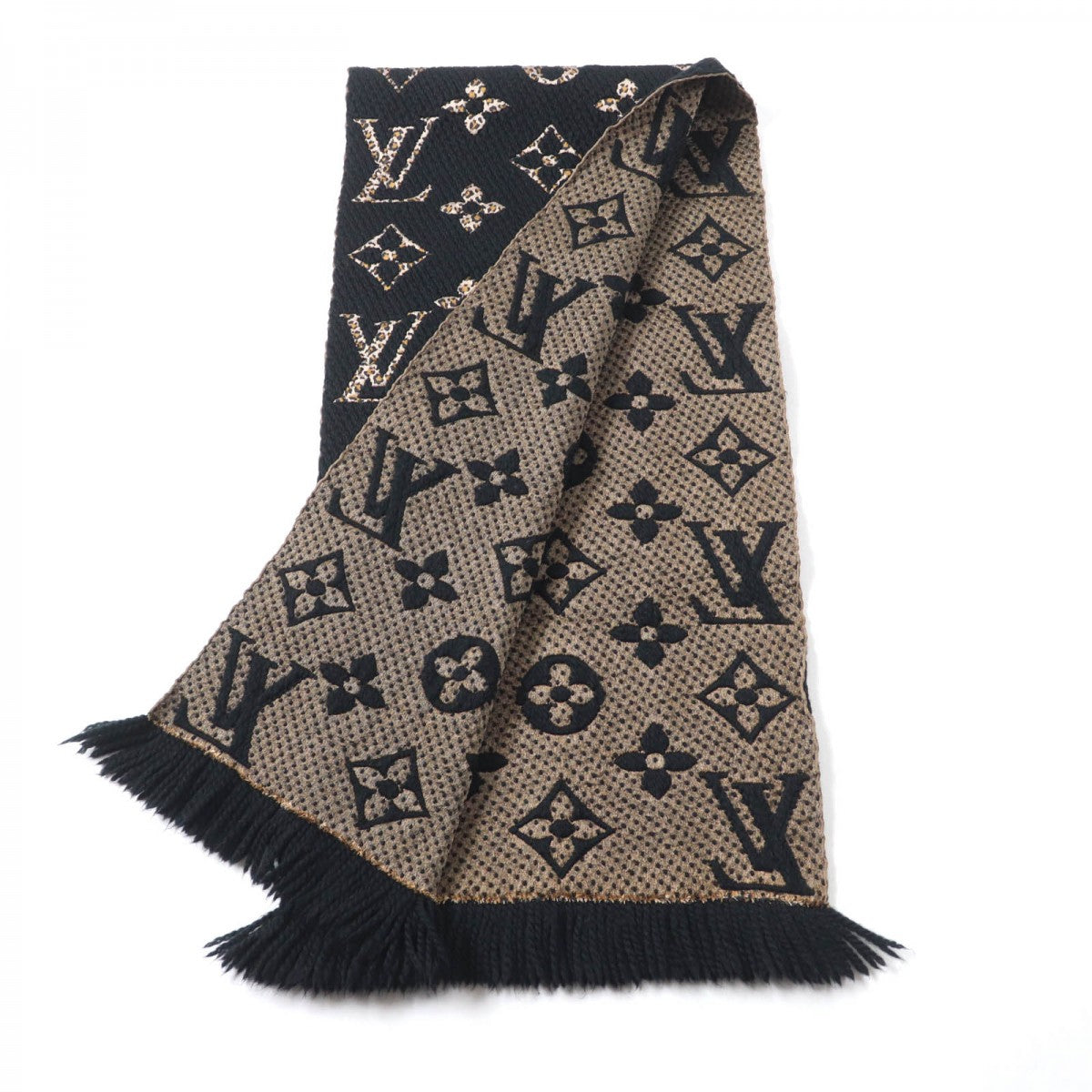 LOUIS VUITTON Scarf M75885 Main: 74% wool, Main: 26% silk Black beige Escharpe Giant Monogram Jungle Women