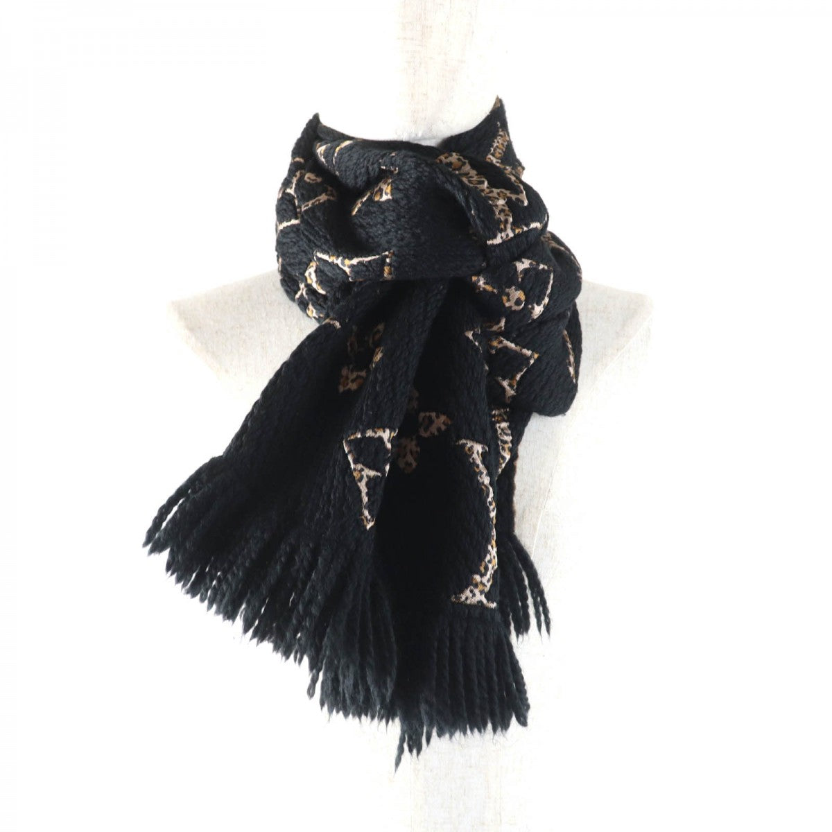 LOUIS VUITTON Scarf M75885 Main: 74% wool, Main: 26% silk Black beige Escharpe Giant Monogram Jungle Women