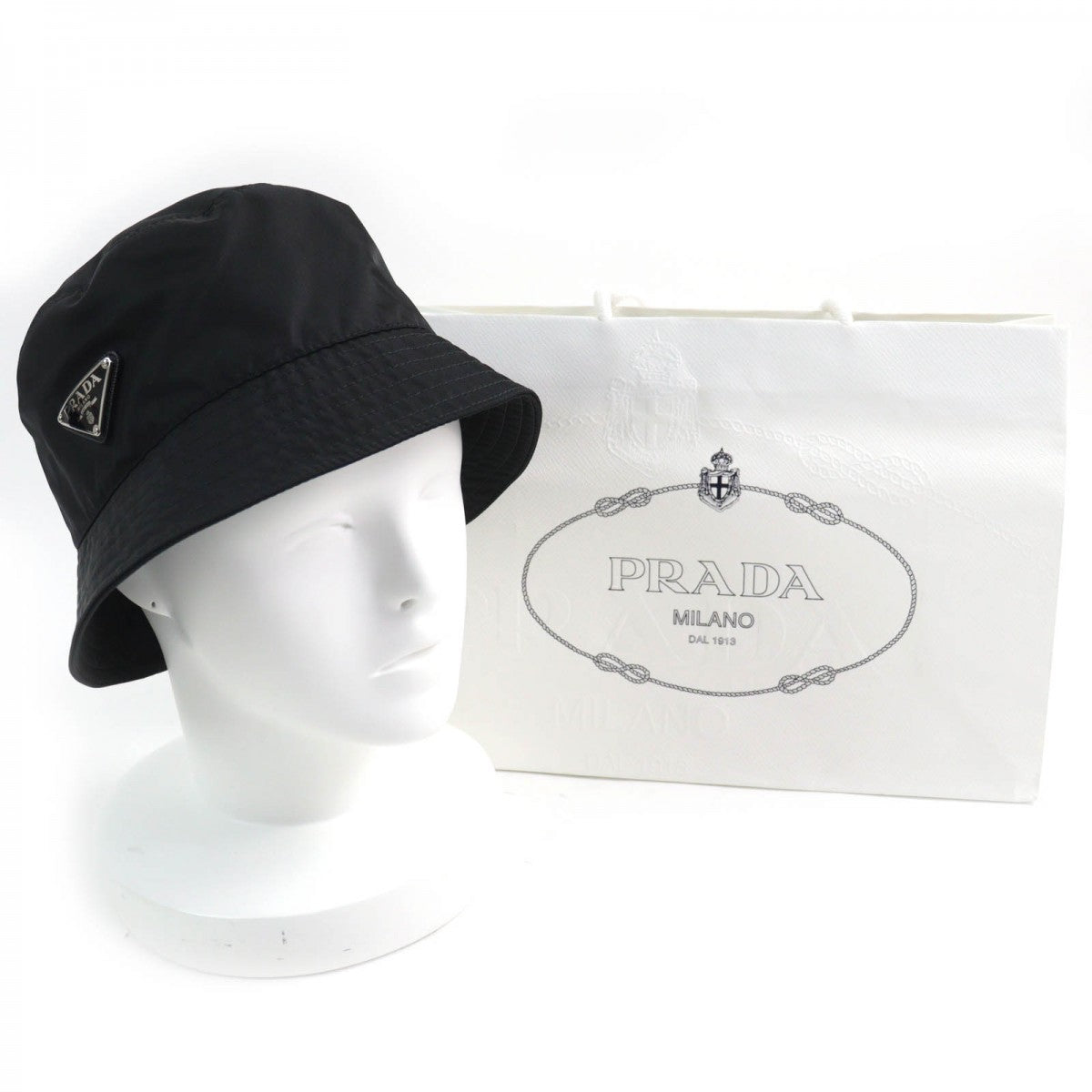 PRADA hat 1HC137 Outer: 100% recycled polyamide, Lining: 100% cotton, Leather part: calf leather black Women M