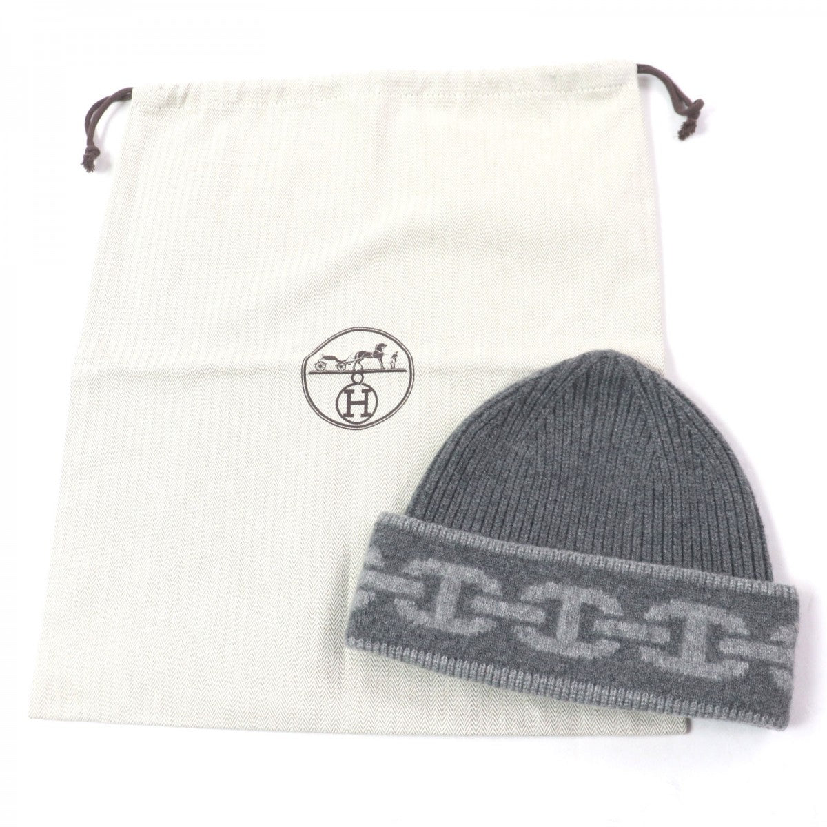 HERMES Knit cap Main: 99% cashmere, Main: 1% polyurethane gray Chene Dunkle mens M